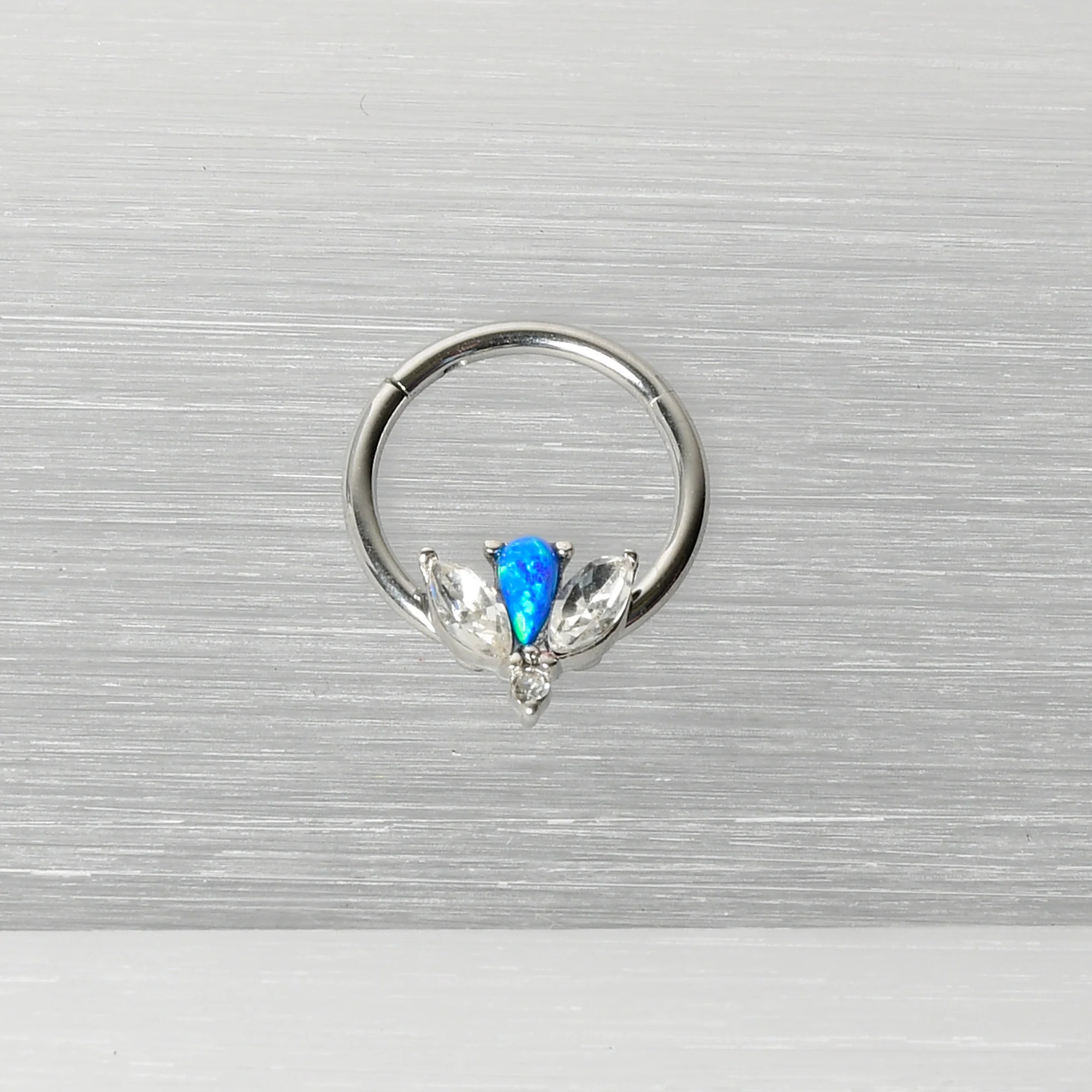 16G 3/8 Blue Faux Opal Style Flower Hinged Segment Ring - Image 5