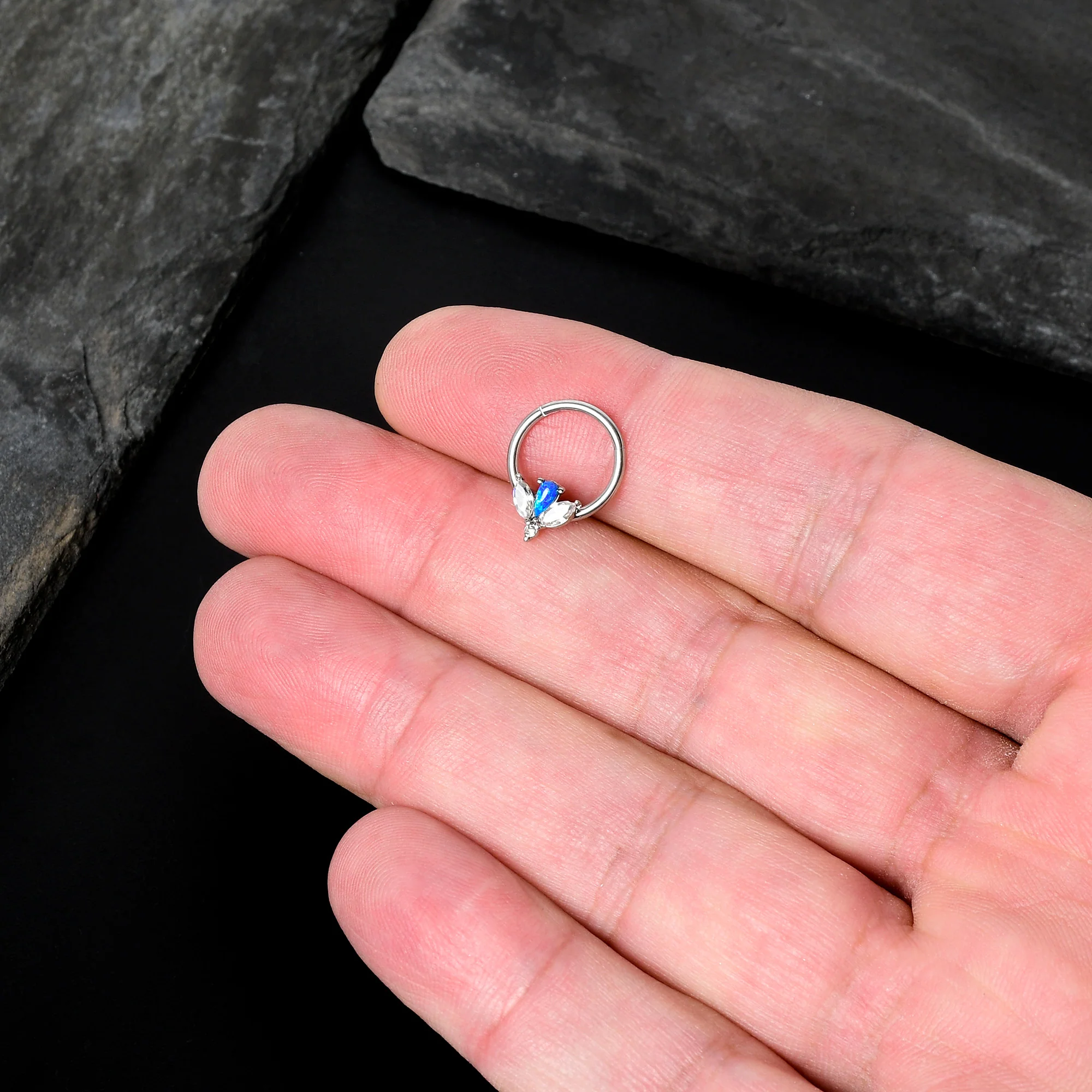 16G 3/8 Blue Faux Opal Style Flower Hinged Segment Ring - Image 7