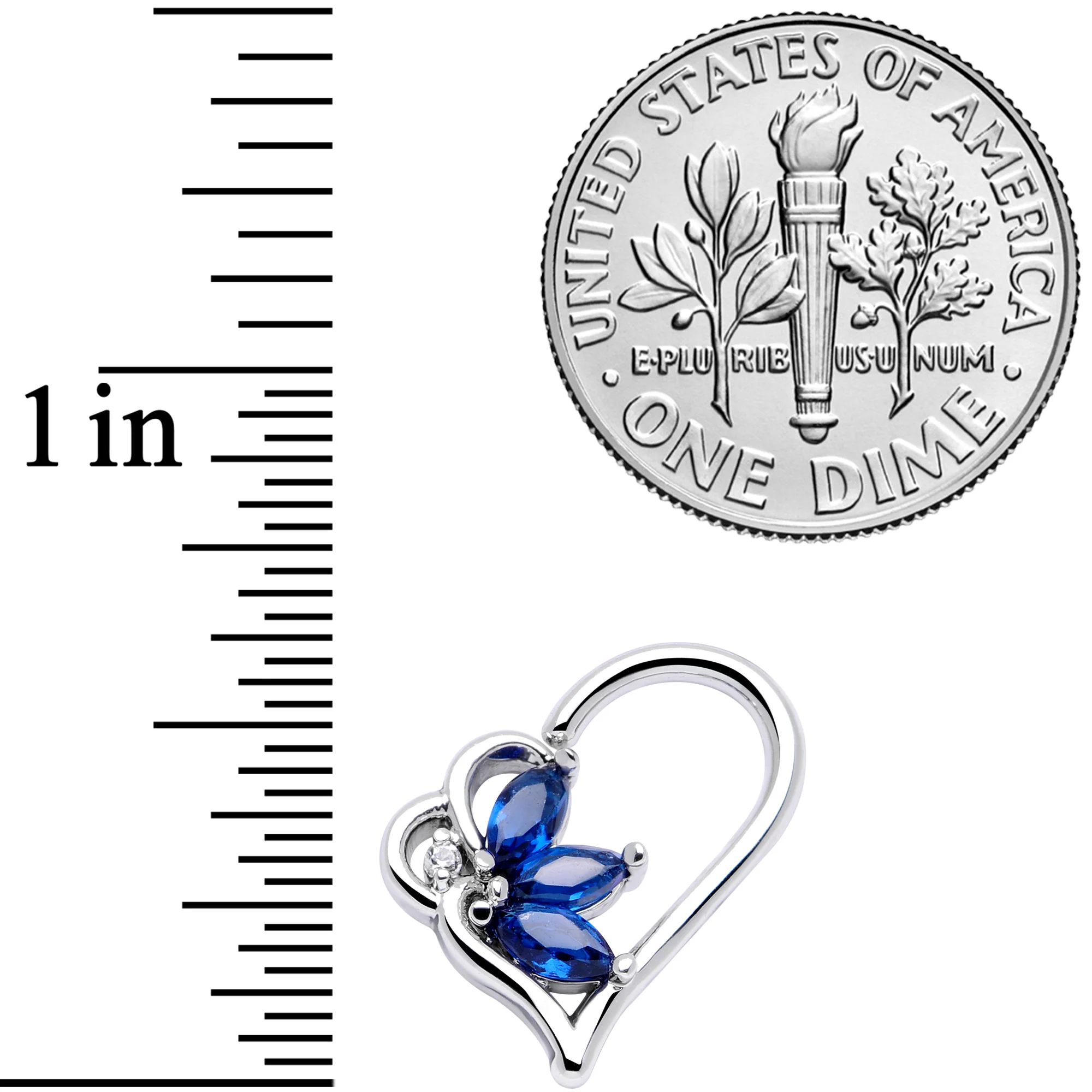 16G 3/8 Blue Gem Half Heart Right Ear Closure Ring - Image 2