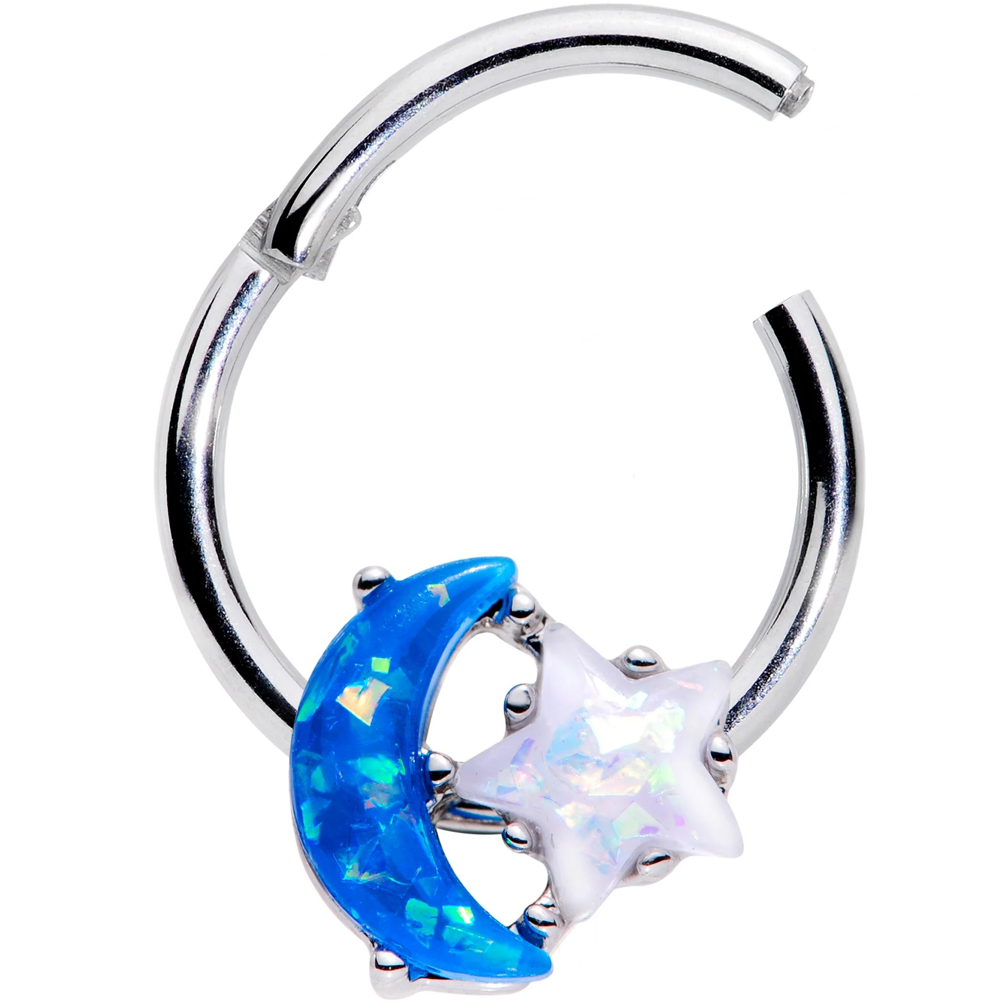 16G 3/8 Blue White Faux Opal Starry Moon Hinged Segment Ring - Image 2