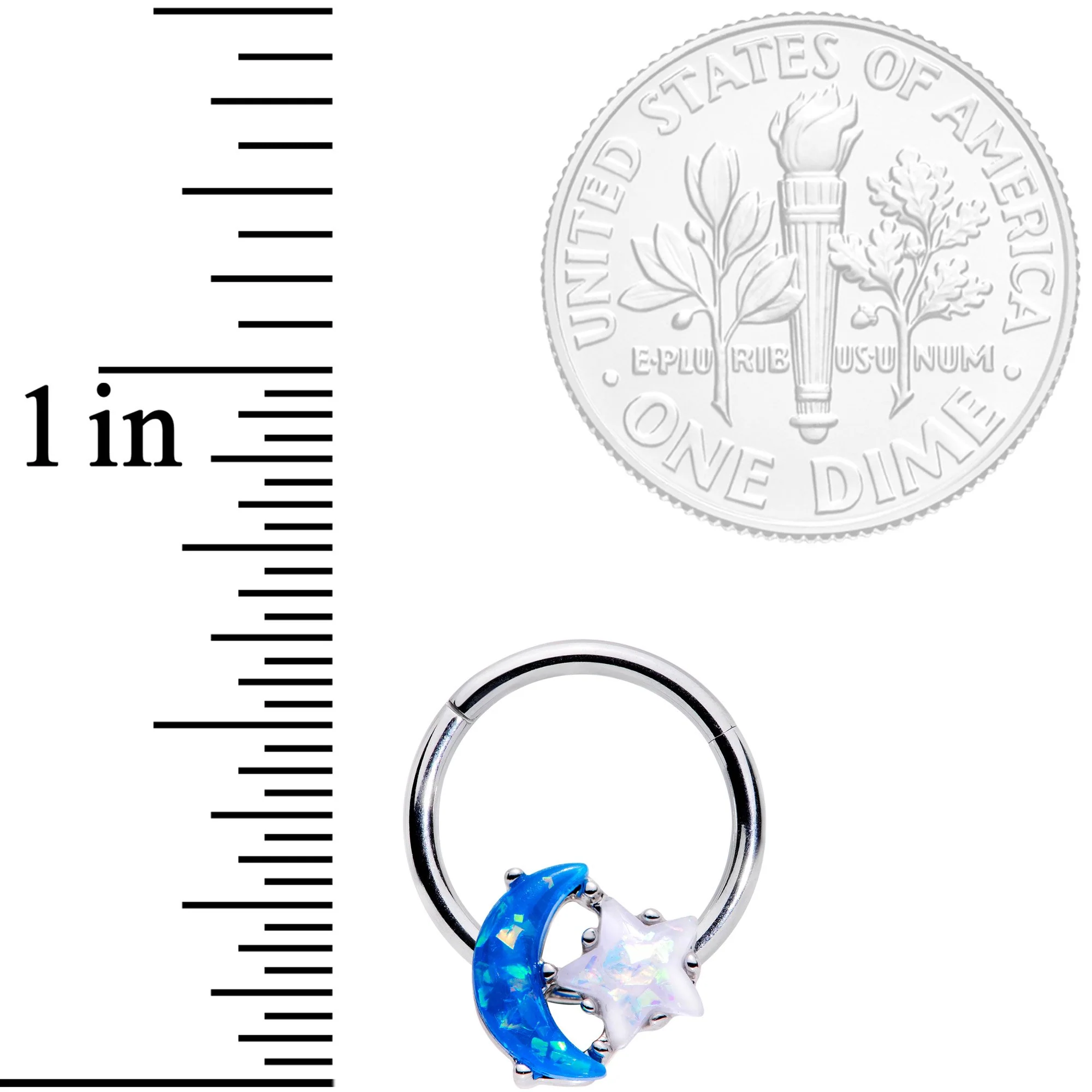 16G 3/8 Blue White Faux Opal Starry Moon Hinged Segment Ring - Image 3