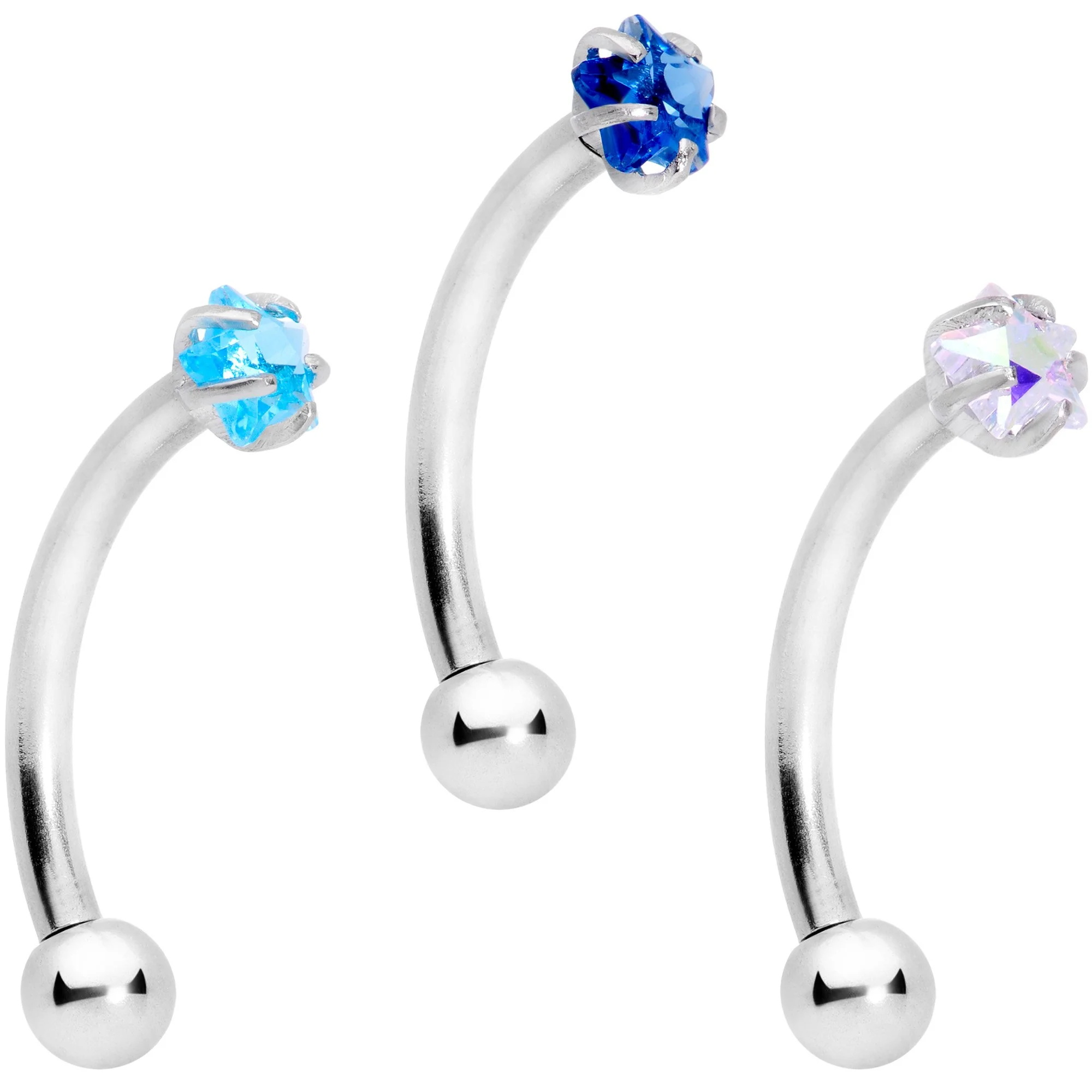 16G 3/8 Blues Clear CZ Star Gem Curved Eyebrow Ring Set of 3 - Image 2