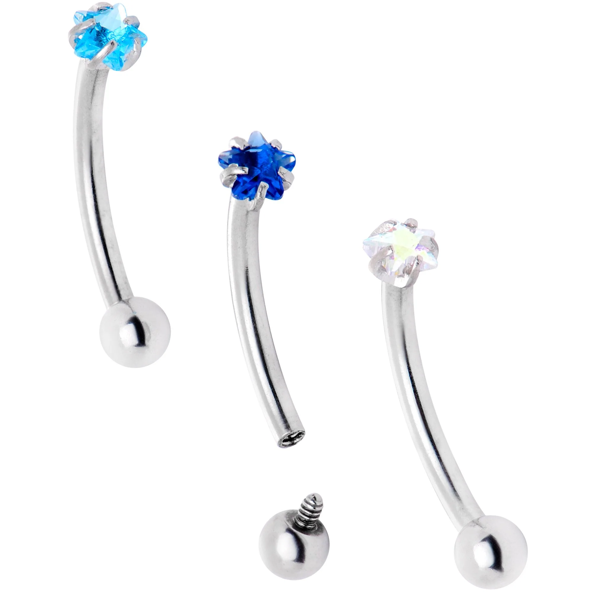 16G 3/8 Blues Clear CZ Star Gem Curved Eyebrow Ring Set of 3 - Image 3