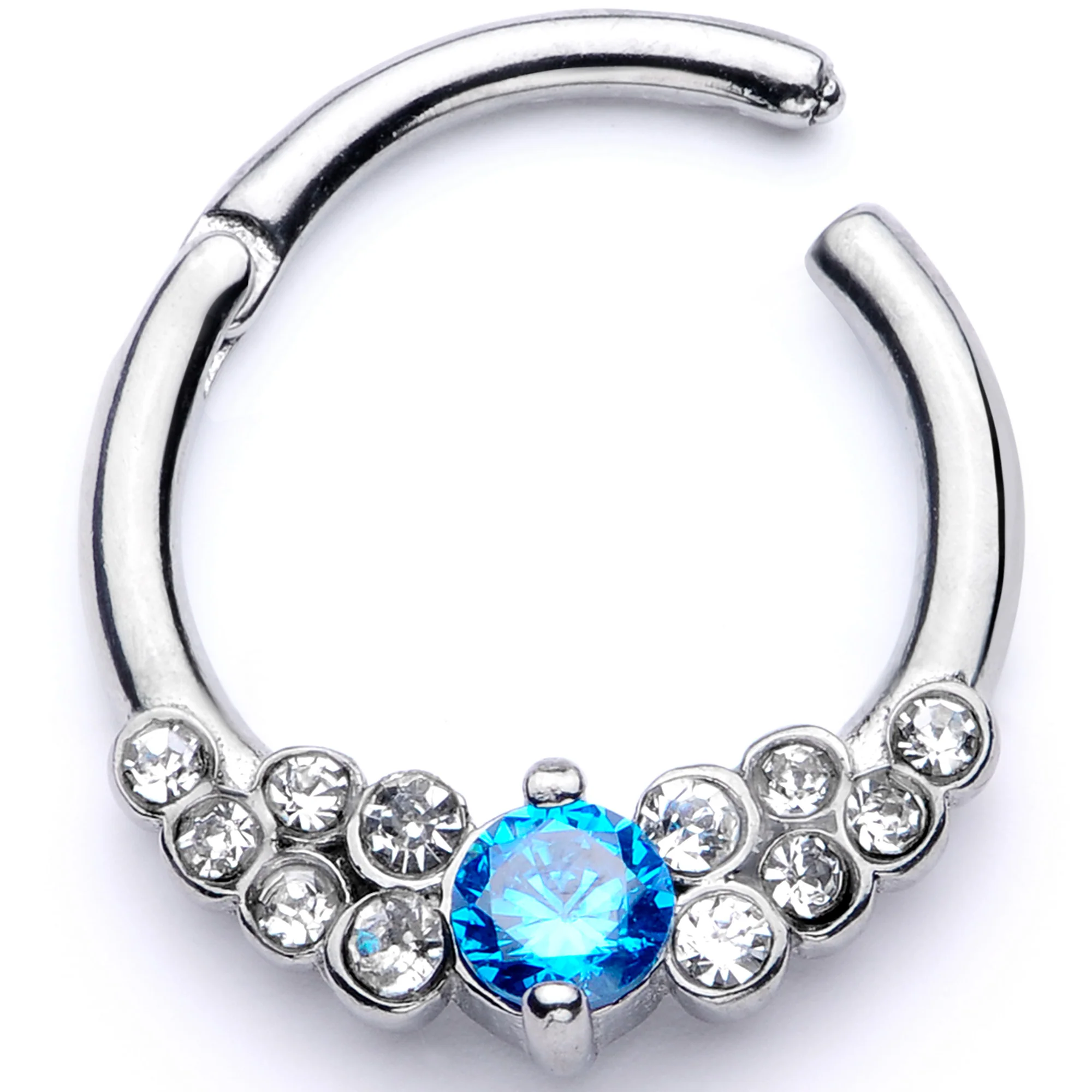 16G 3/8 Clear Blue CZ Gem Arc Hinged Segment Ring - Image 2
