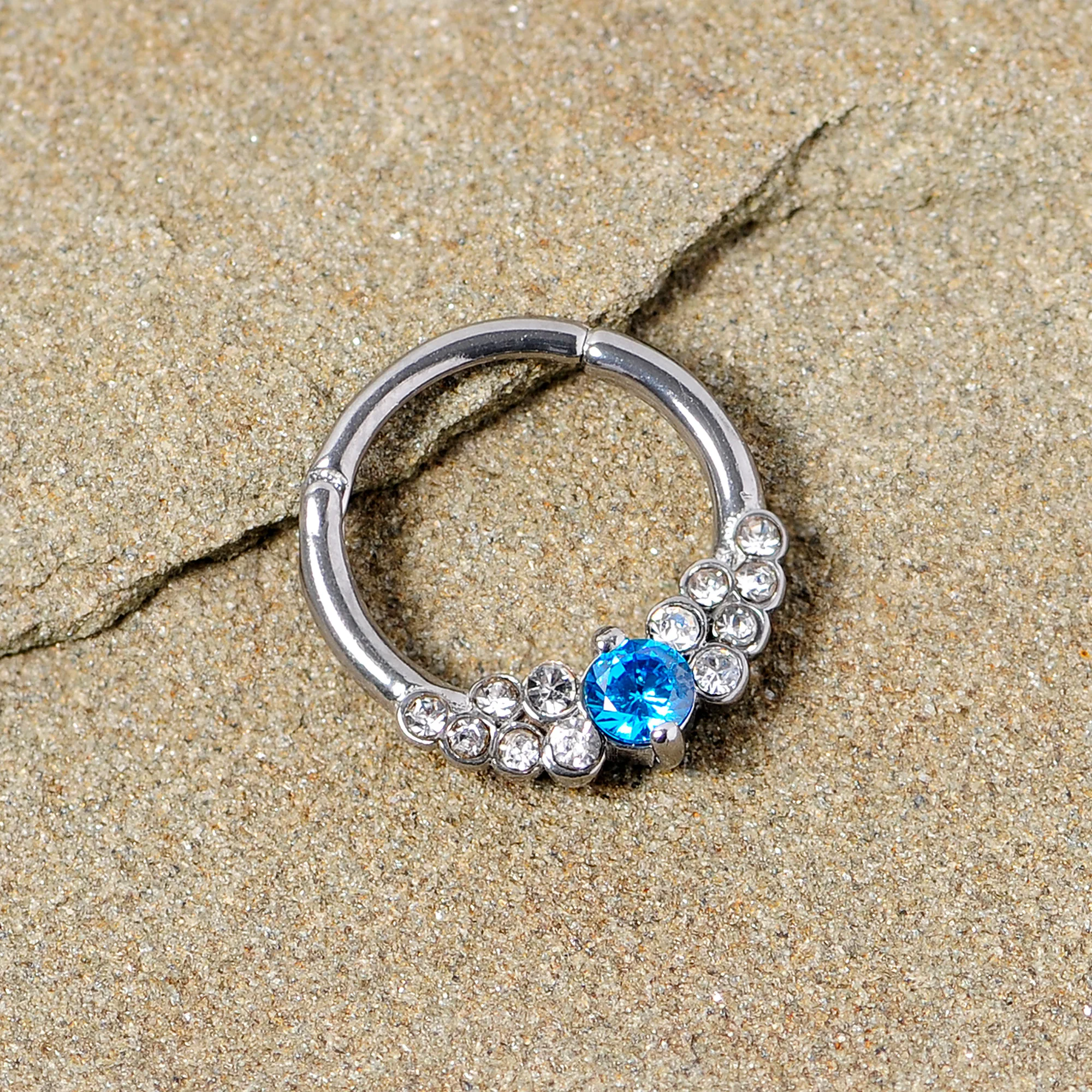 16G 3/8 Clear Blue CZ Gem Arc Hinged Segment Ring - Image 3