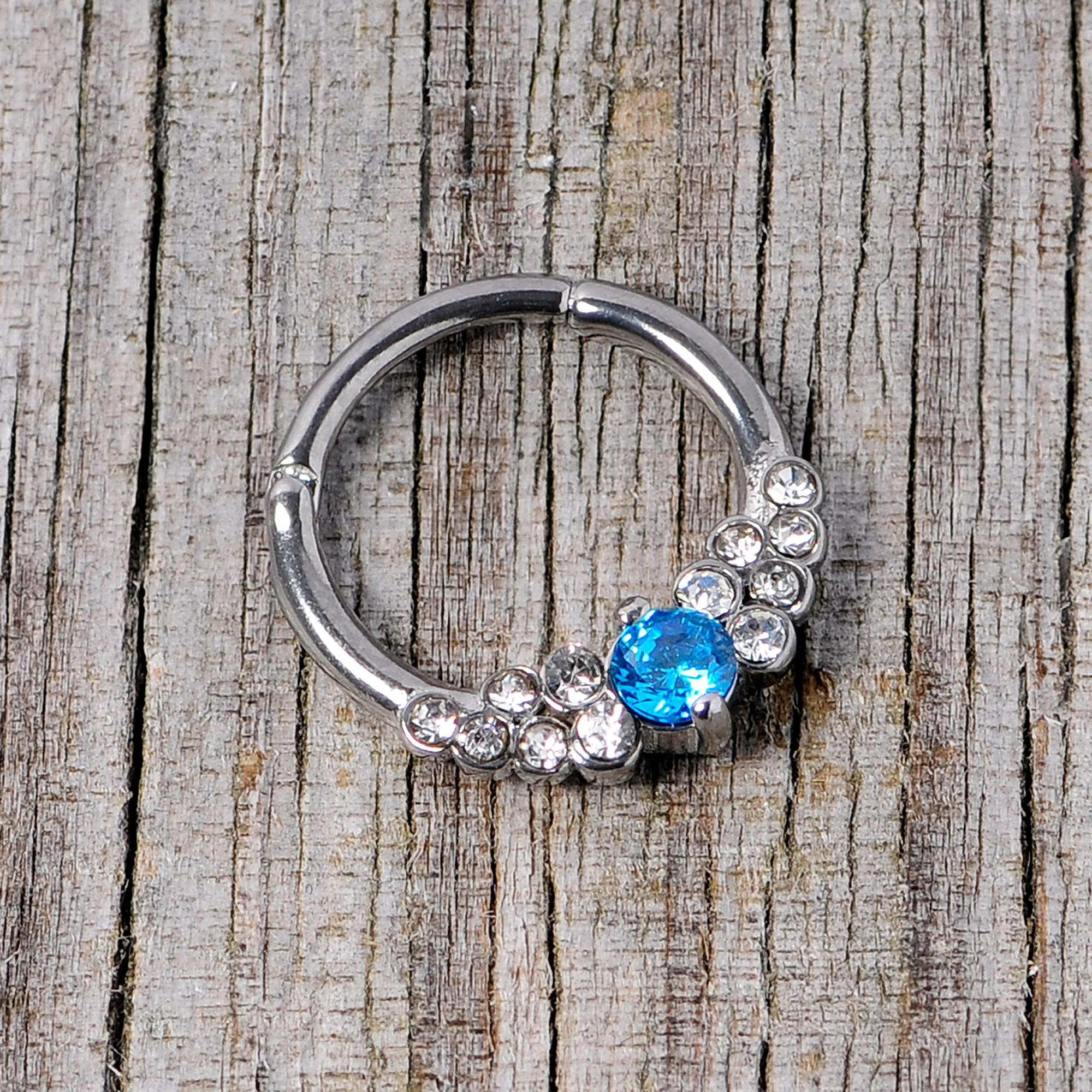 16G 3/8 Clear Blue CZ Gem Arc Hinged Segment Ring - Image 4