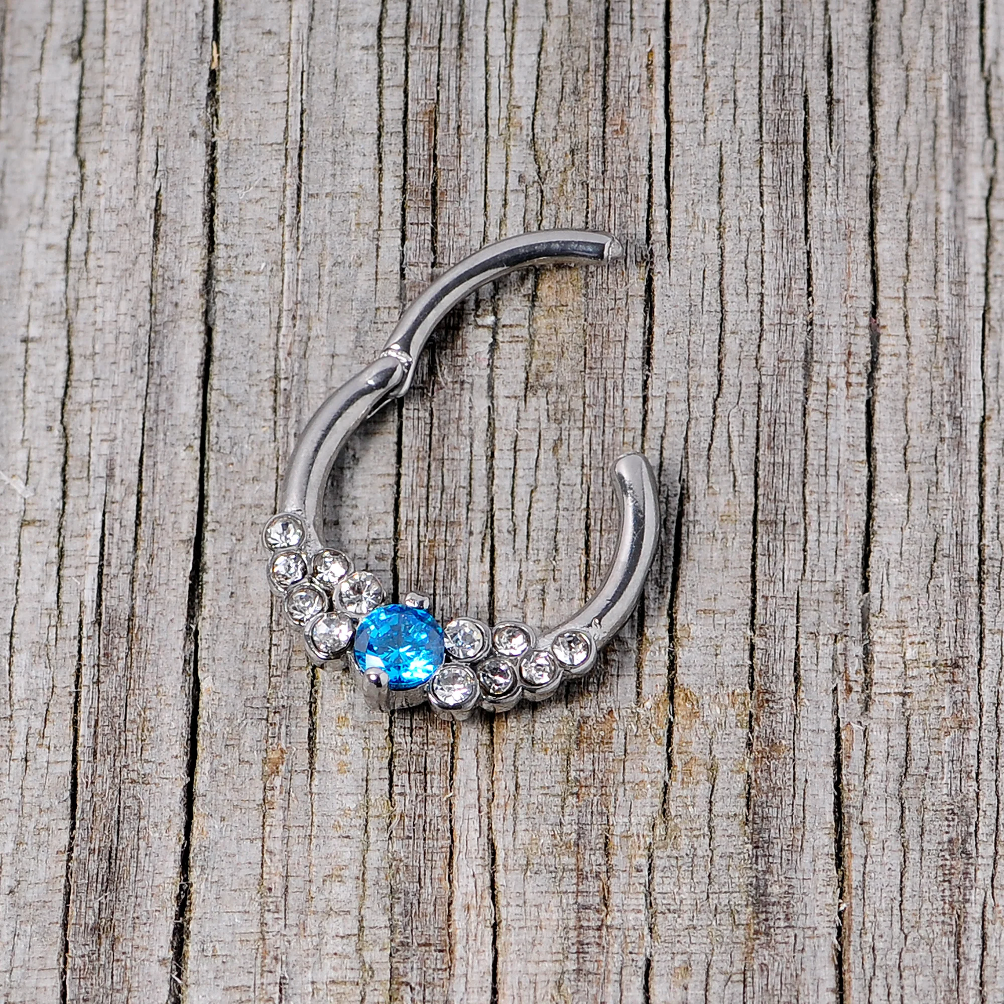 16G 3/8 Clear Blue CZ Gem Arc Hinged Segment Ring - Image 5