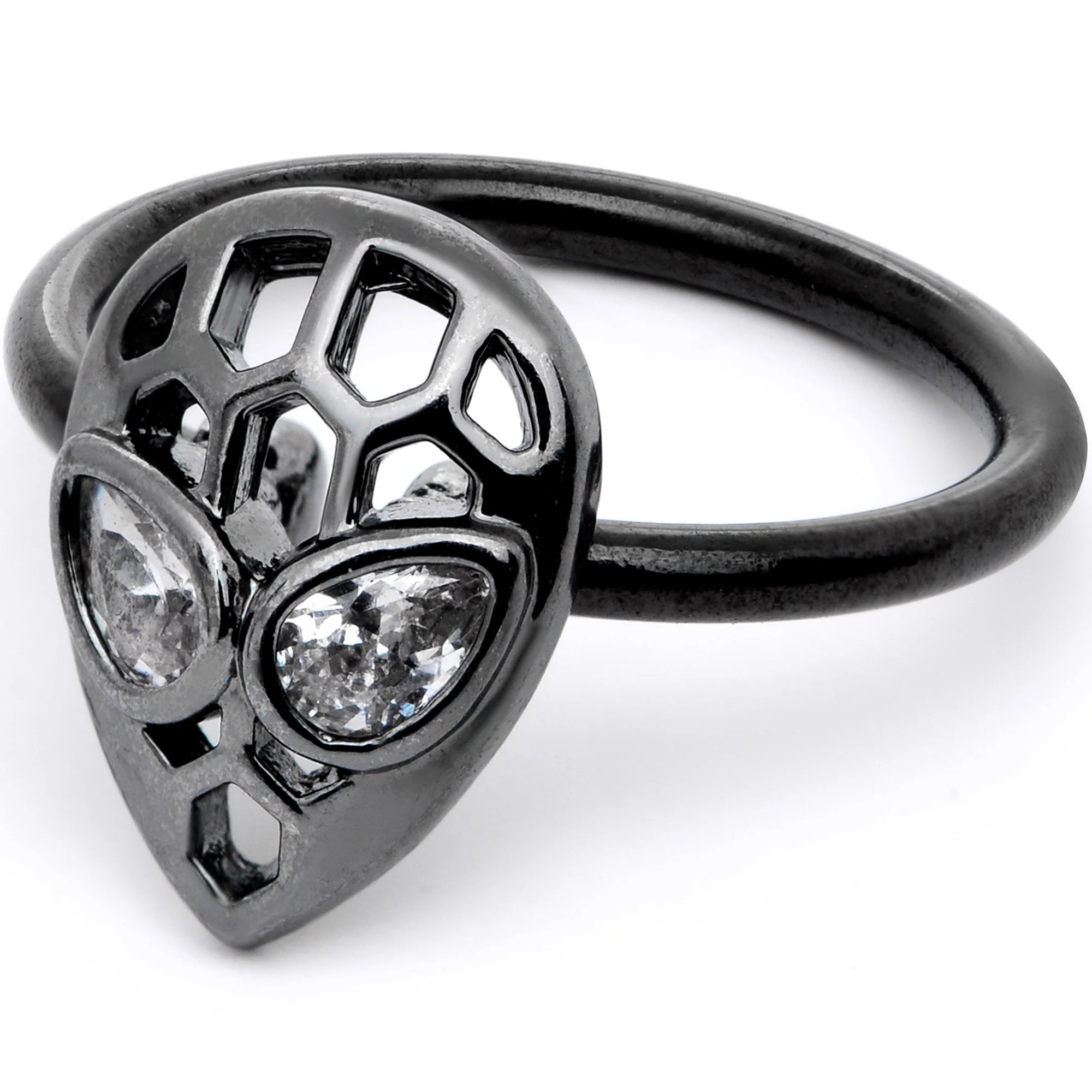 16G 3/8 Clear CZ Gem Black Openwork Alien Hinged Segment Ring - Image 2