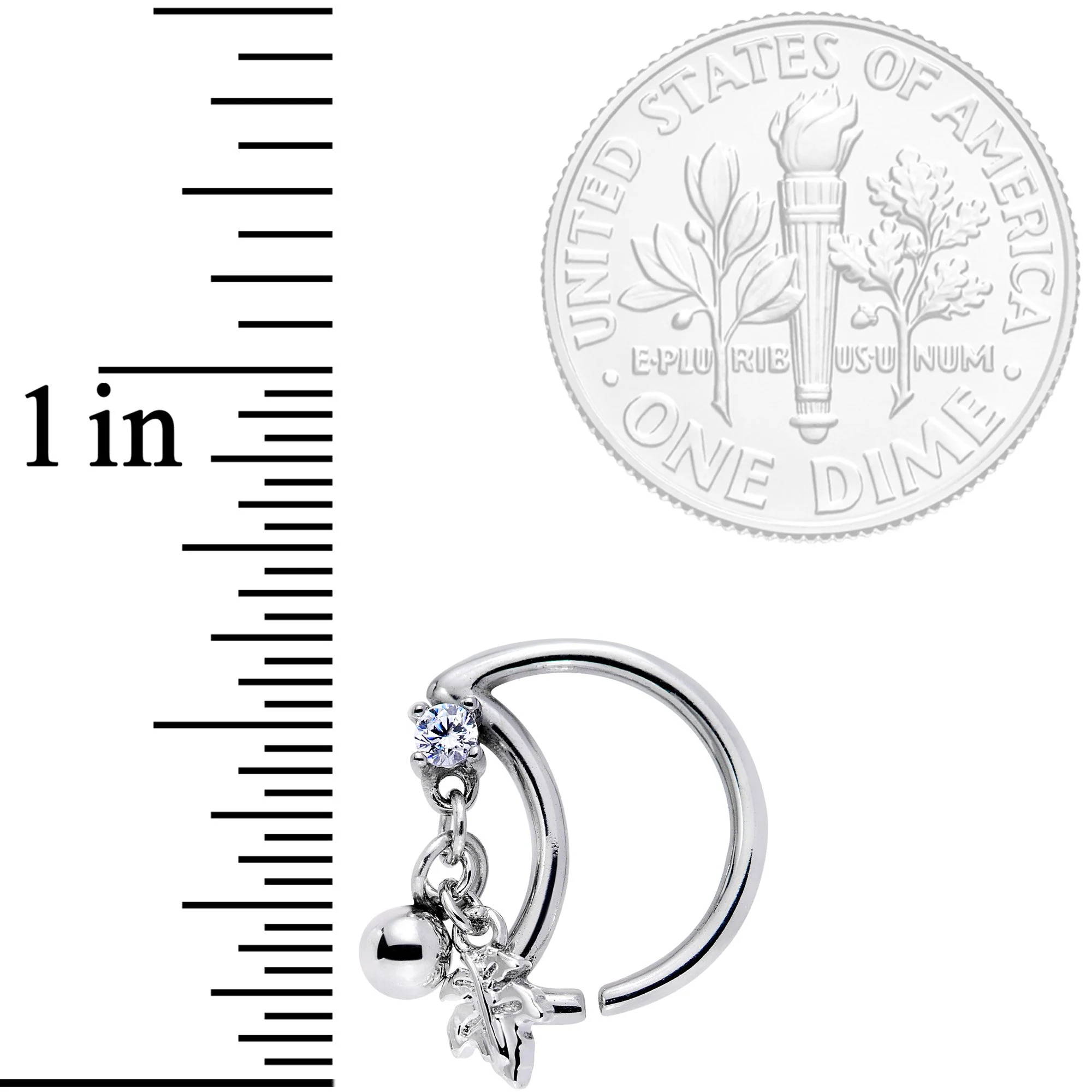 16G 3/8 Clear CZ Gem Crescent Moon Leaf Dangle Closure Ring - Image 2