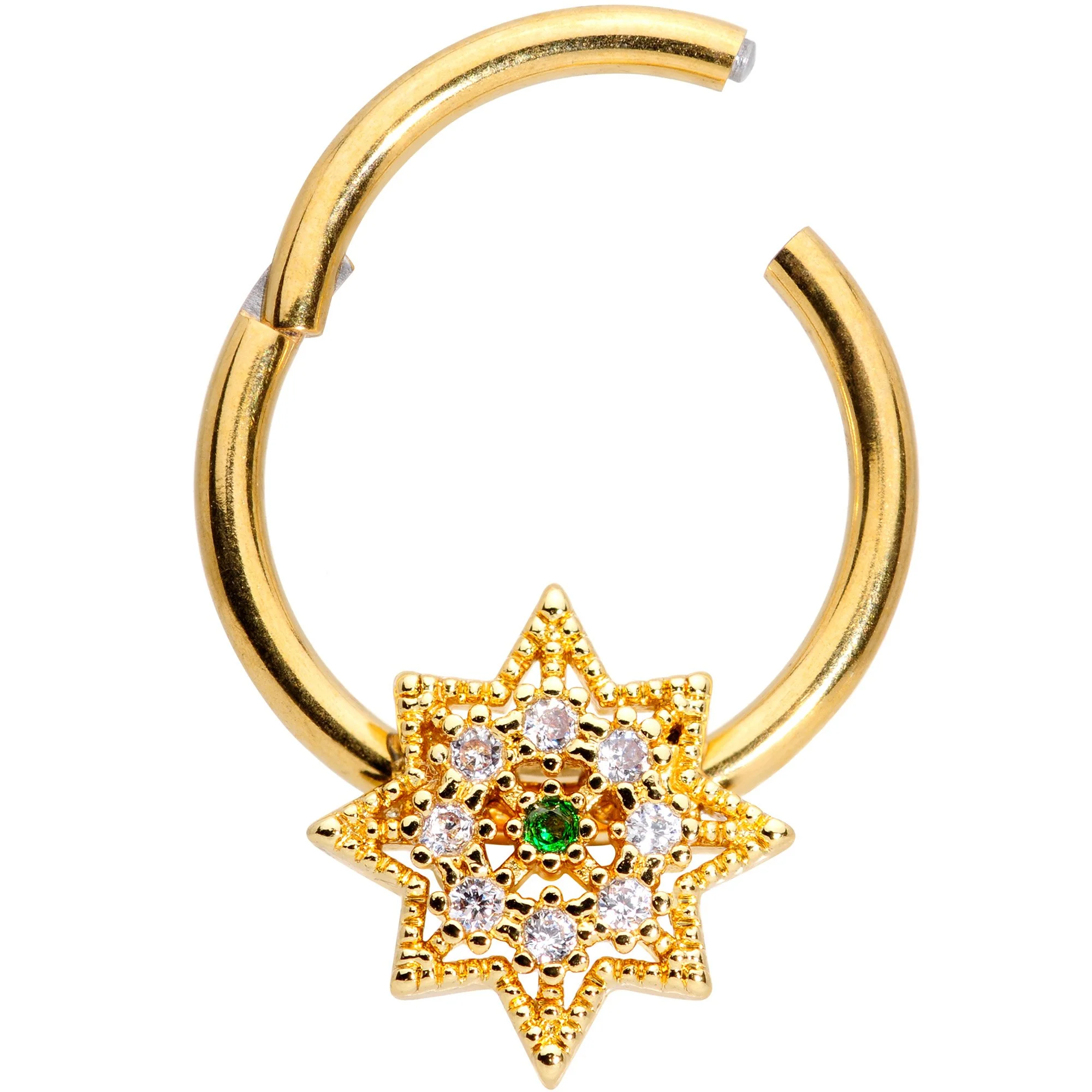 16G 3/8 Clear CZ Gem Gold Tone Octagon Hinged Segment Ring - Image 2