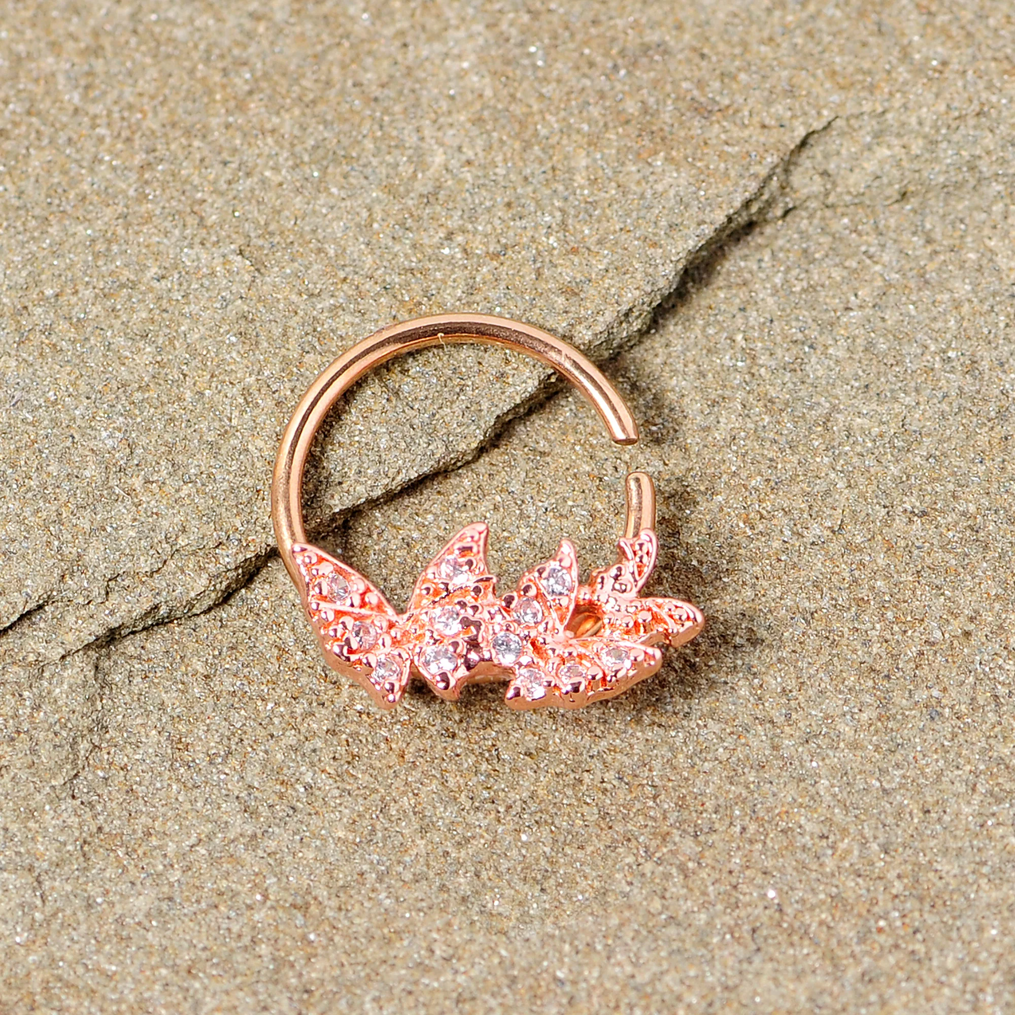 16G 3/8 Clear CZ Gem Rose Gold Tone Trio Butterfly Seamless Ring - Image 2