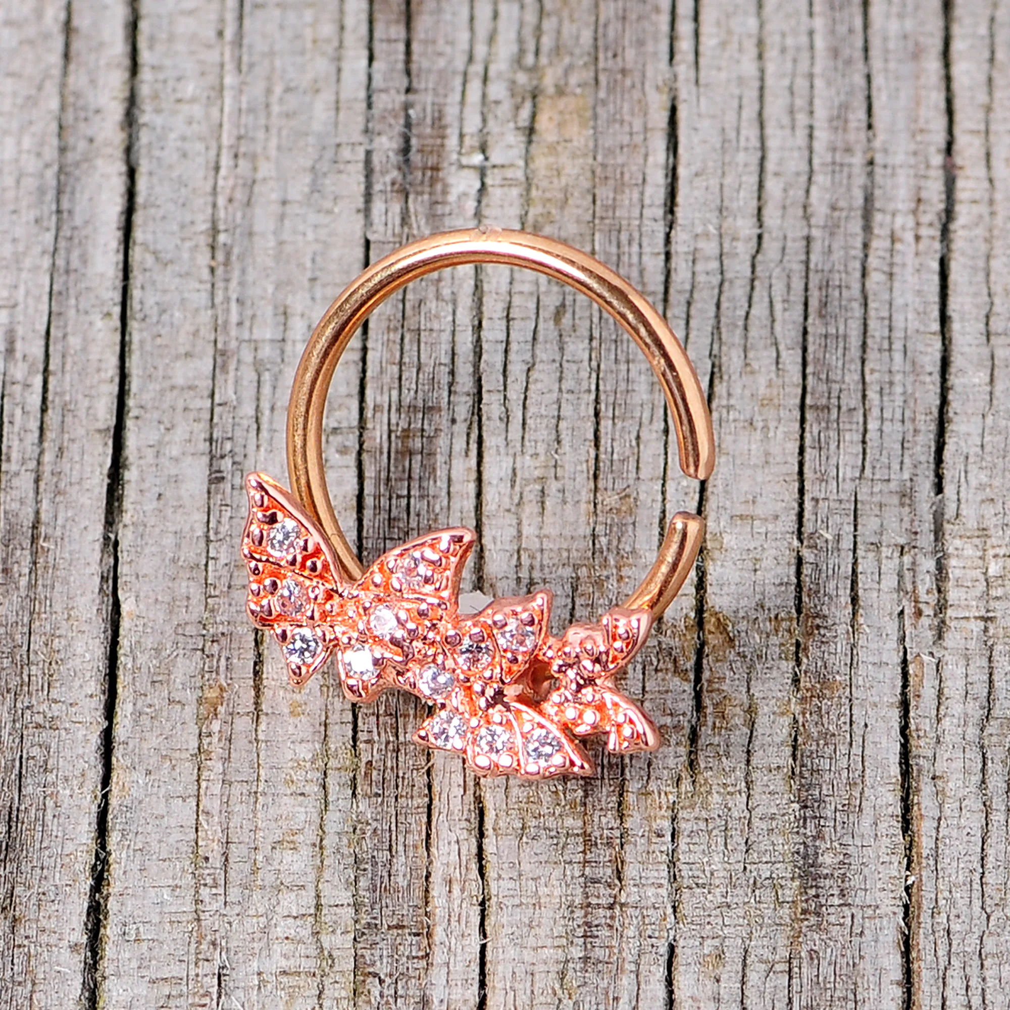 16G 3/8 Clear CZ Gem Rose Gold Tone Trio Butterfly Seamless Ring - Image 3
