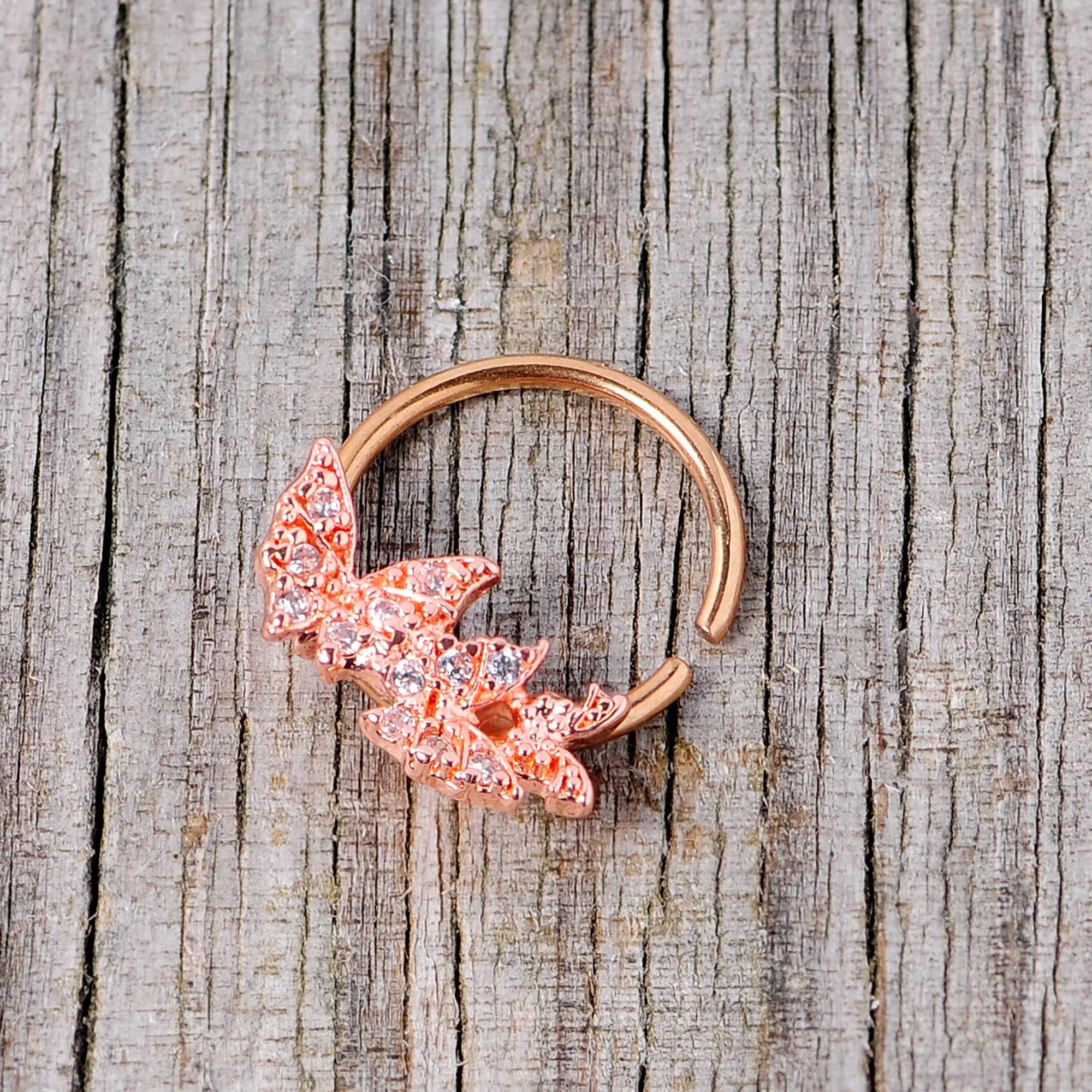 16G 3/8 Clear CZ Gem Rose Gold Tone Trio Butterfly Seamless Ring - Image 4