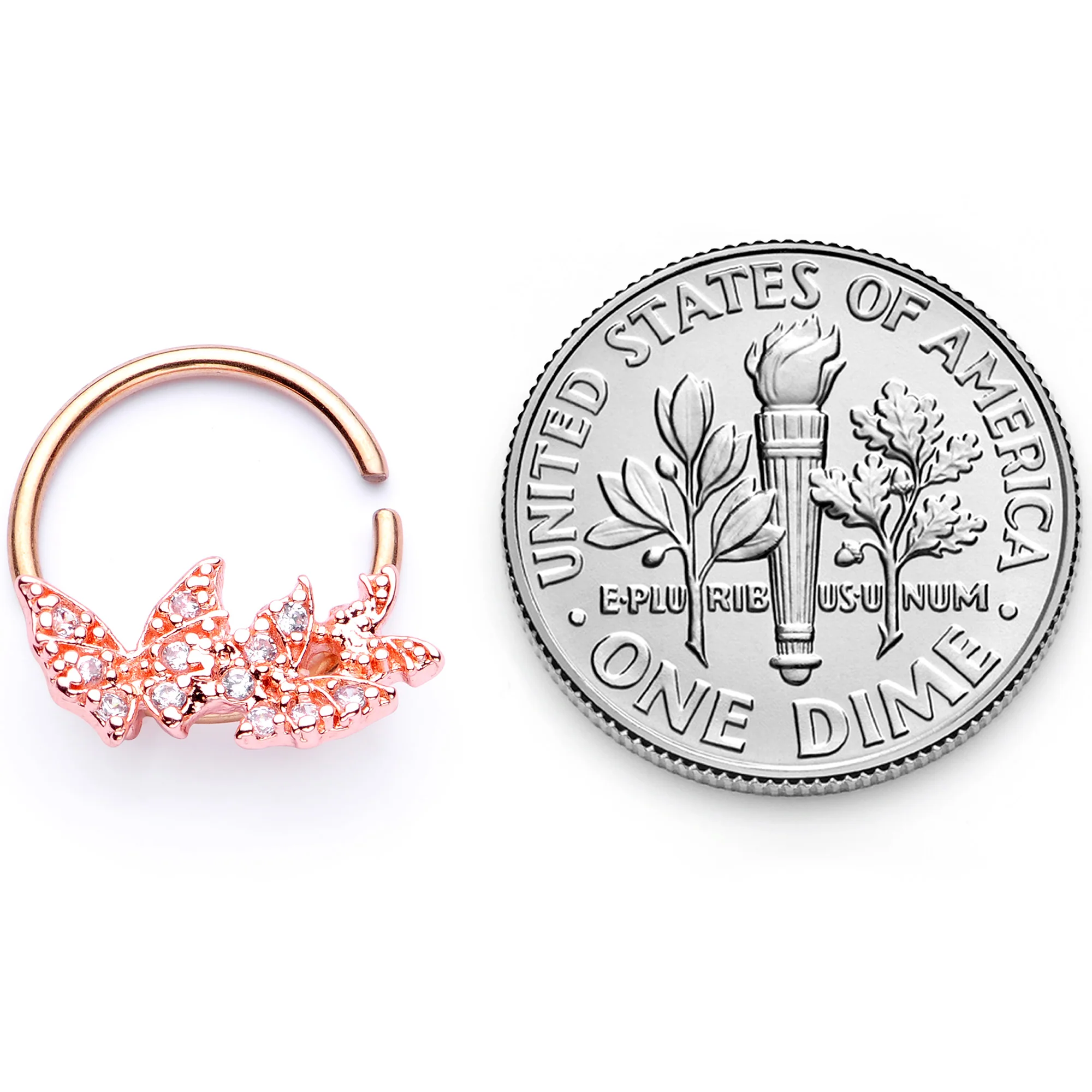 16G 3/8 Clear CZ Gem Rose Gold Tone Trio Butterfly Seamless Ring - Image 5