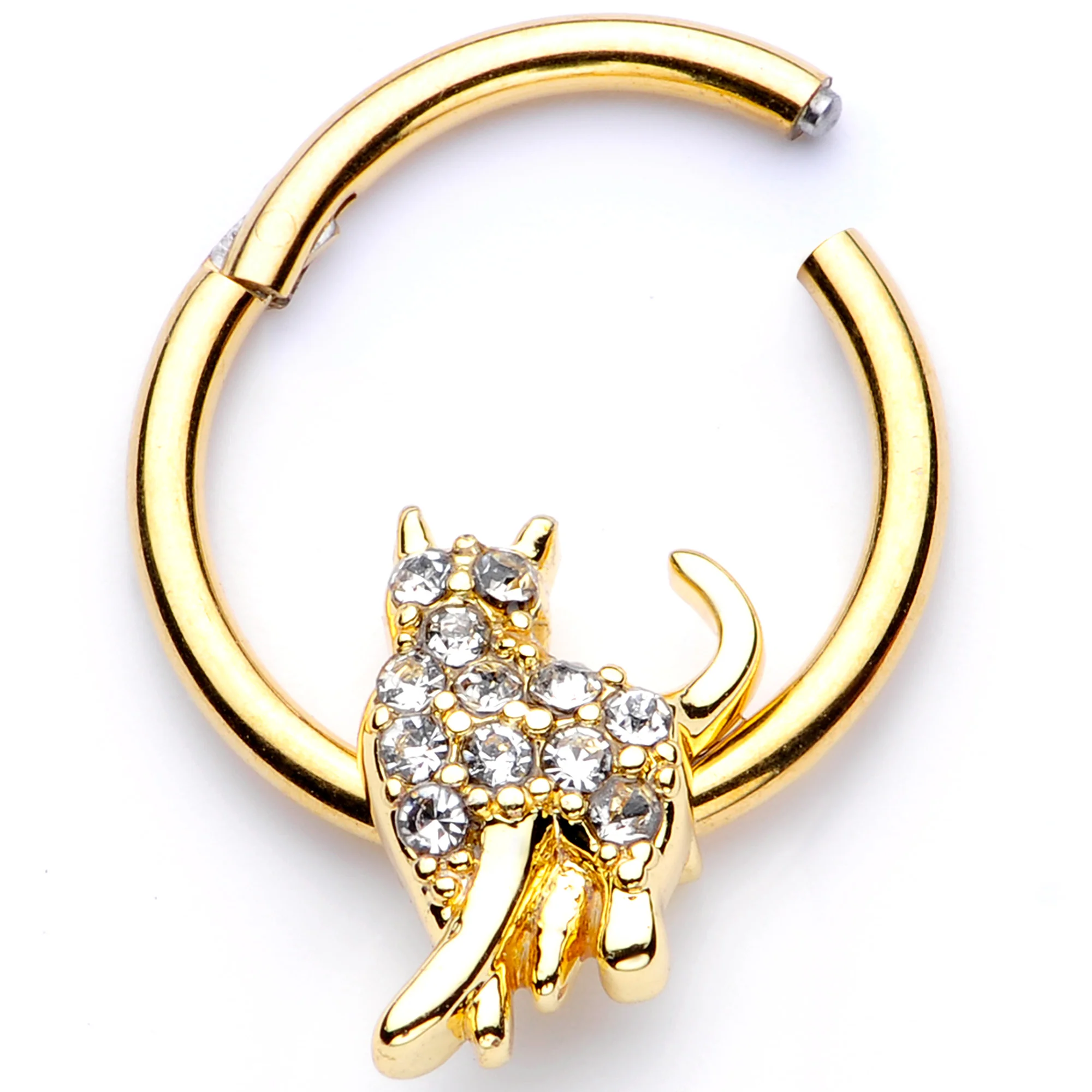 16G 3/8 Clear Gem Gold Tone Glamourpuss Cat Hinged Segment Ring - Image 2
