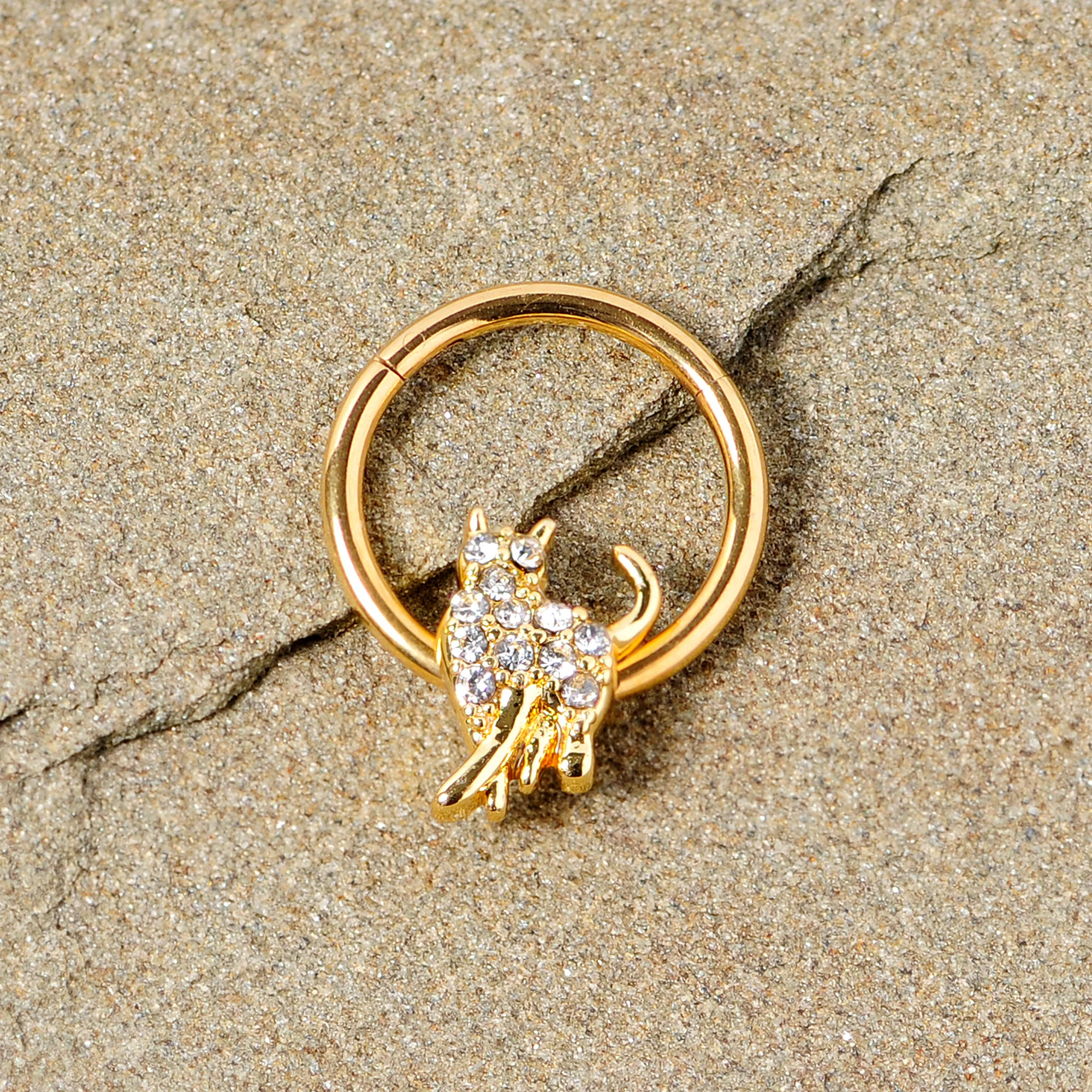 16G 3/8 Clear Gem Gold Tone Glamourpuss Cat Hinged Segment Ring - Image 3