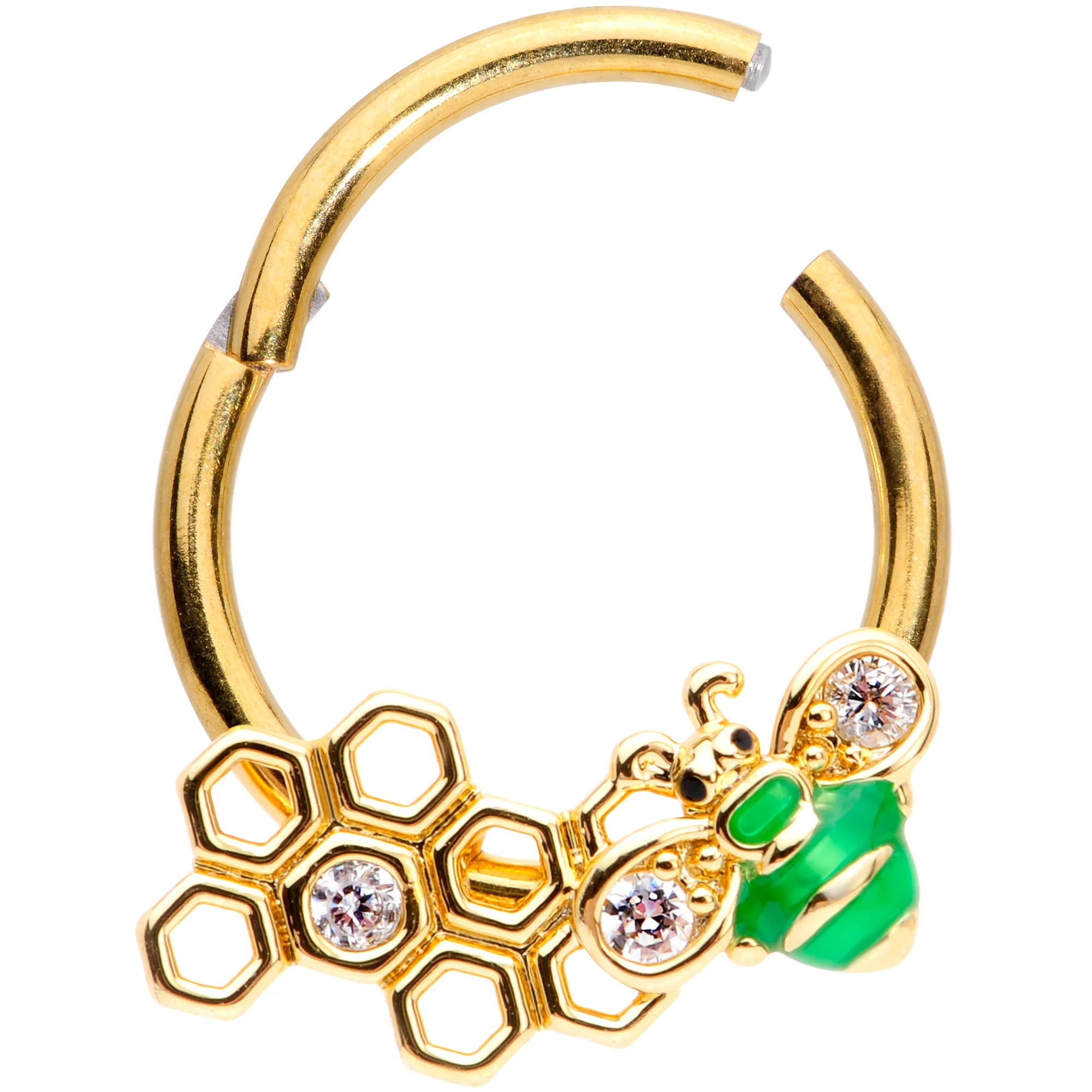 16G 3/8 Clear Gem Gold Tone Green Bee Hinged Segment Ring - Image 2
