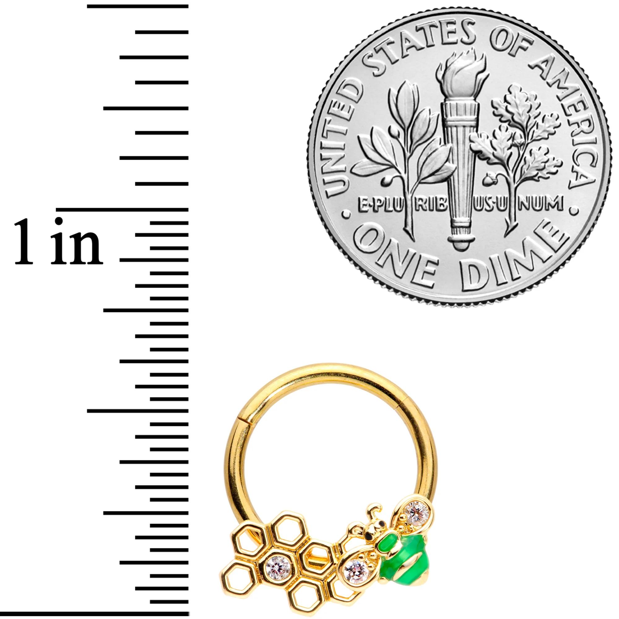 16G 3/8 Clear Gem Gold Tone Green Bee Hinged Segment Ring - Image 3
