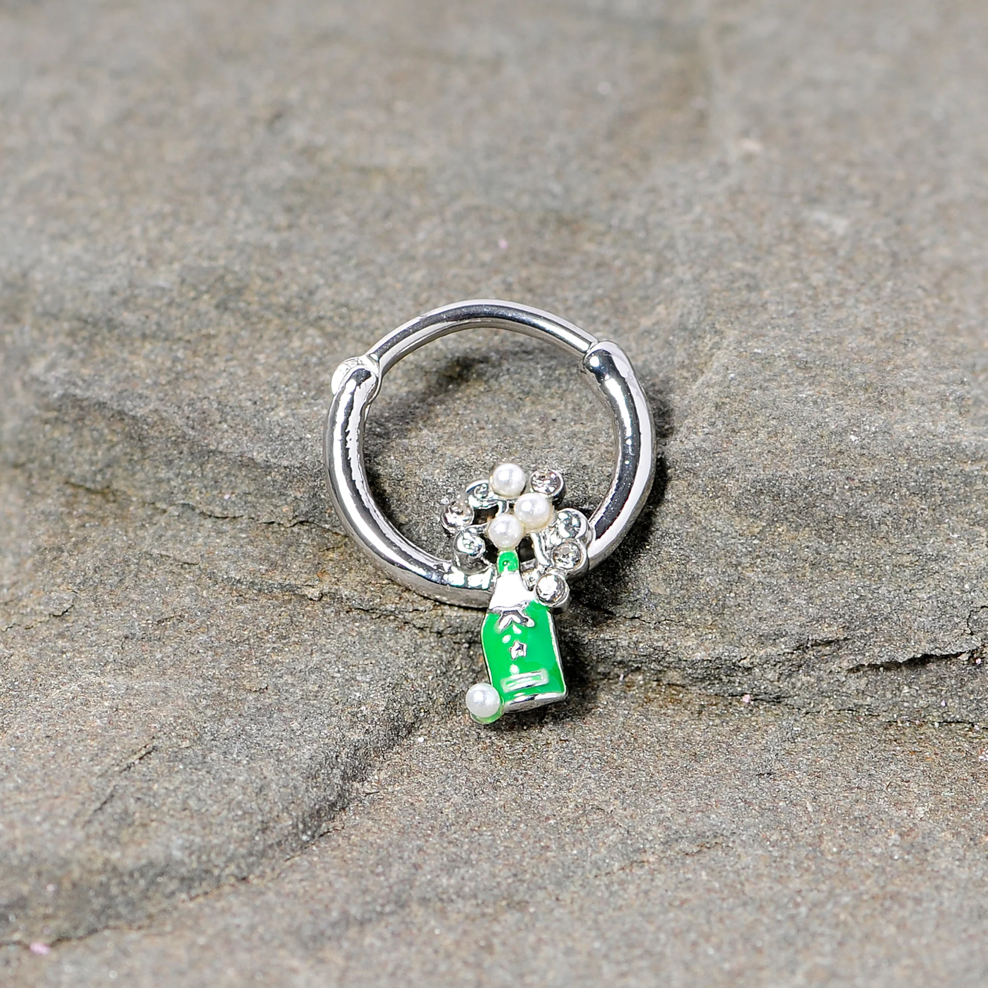 16G 3/8 Clear Gem Green Champagne Bottle Holiday Septum Clicker - Image 4