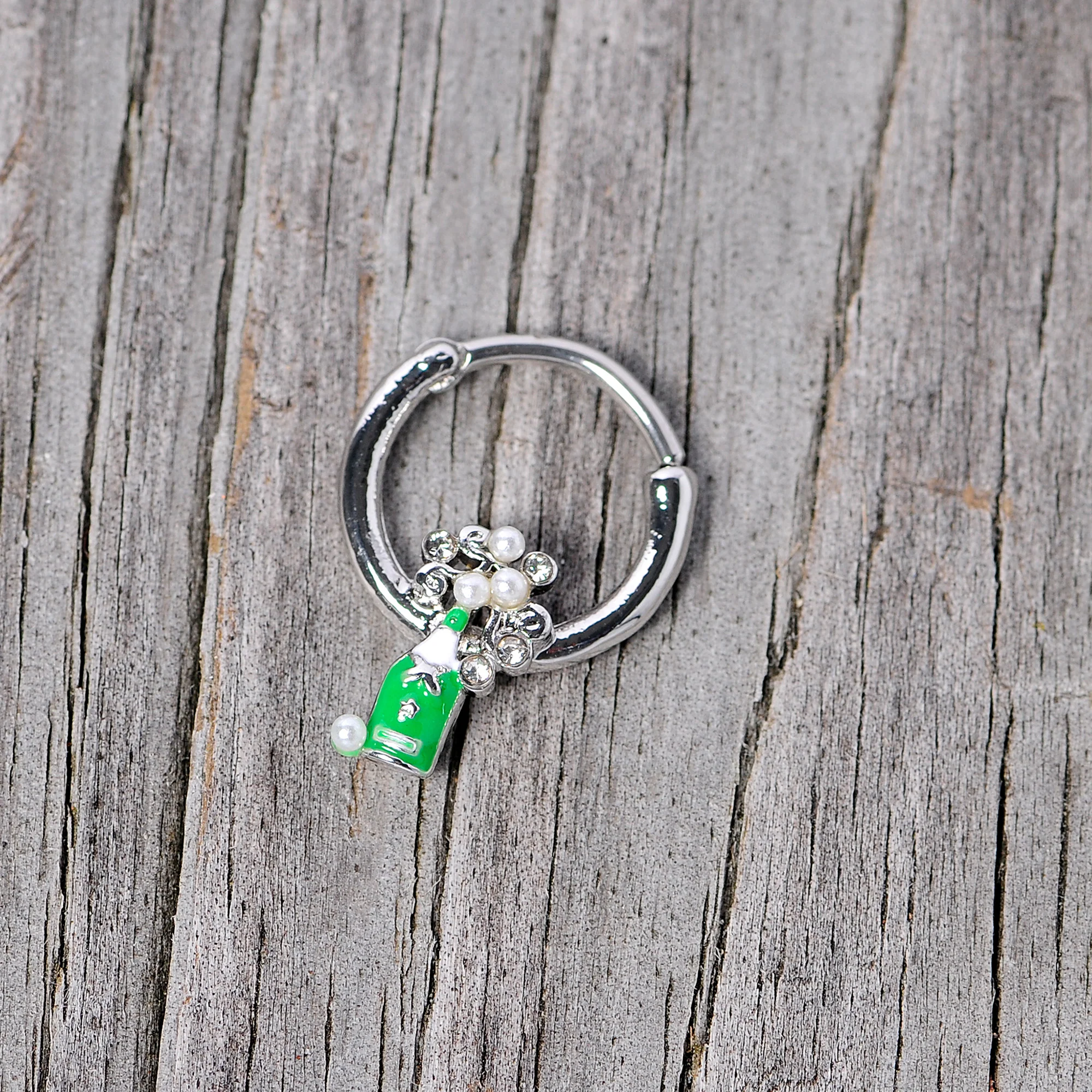 16G 3/8 Clear Gem Green Champagne Bottle Holiday Septum Clicker - Image 5
