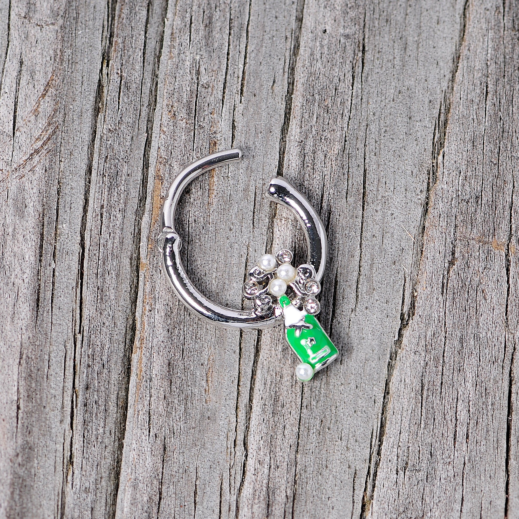 16G 3/8 Clear Gem Green Champagne Bottle Holiday Septum Clicker - Image 6