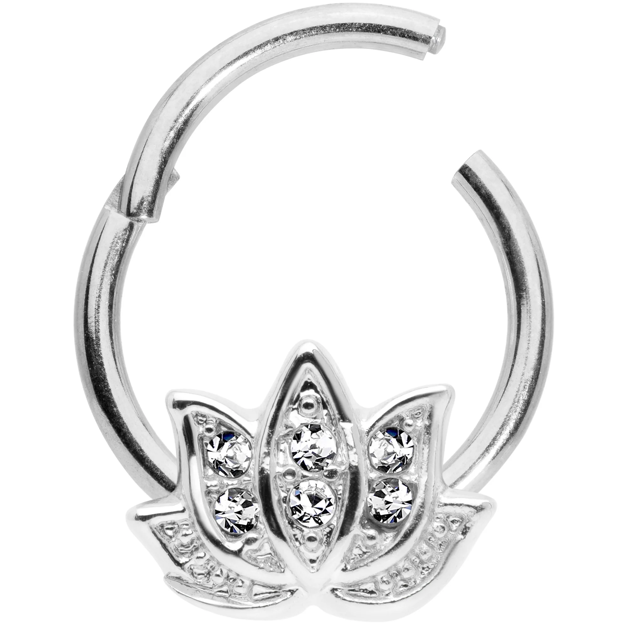 16G 3/8 Clear Gem Lotus Flower Hinged Segment Ring - Image 2