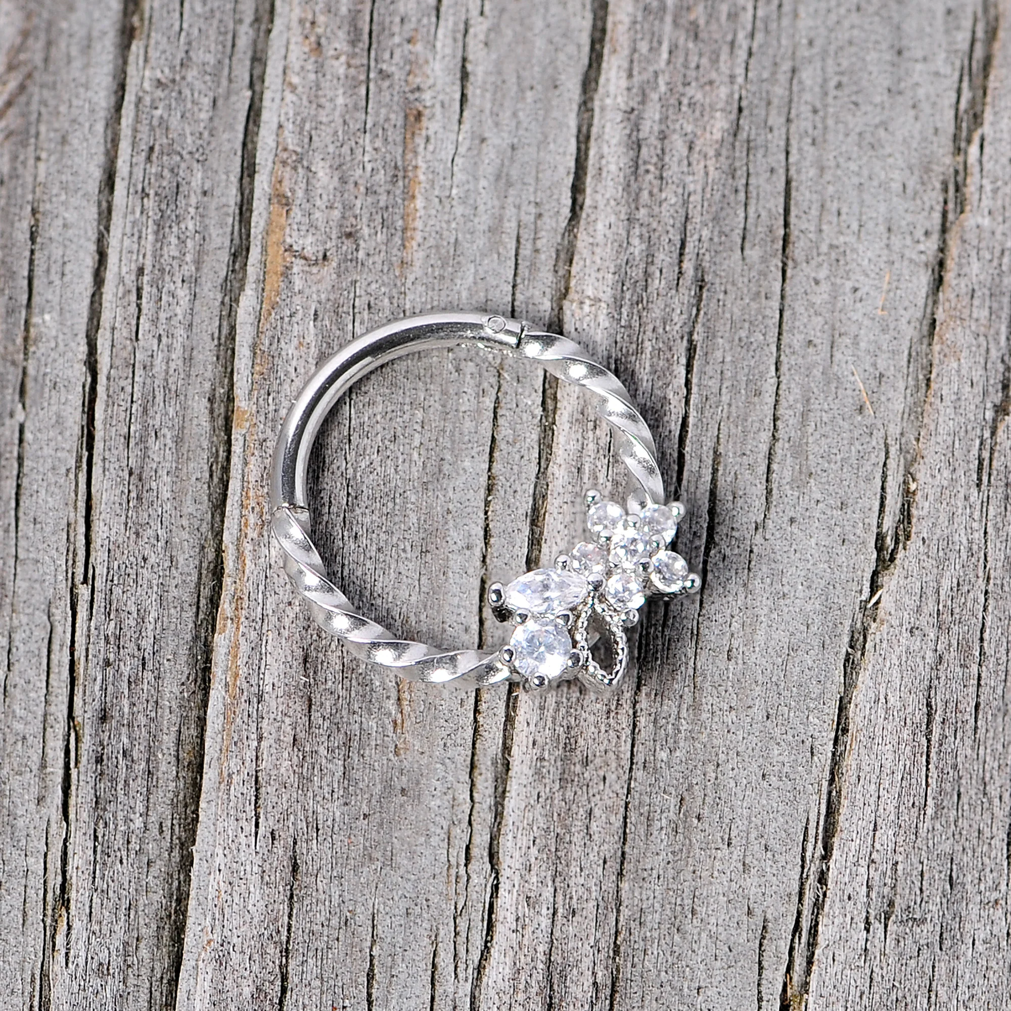 16G 3/8 Clear Gem Star Twisted Hinged Segment Ring - Image 4