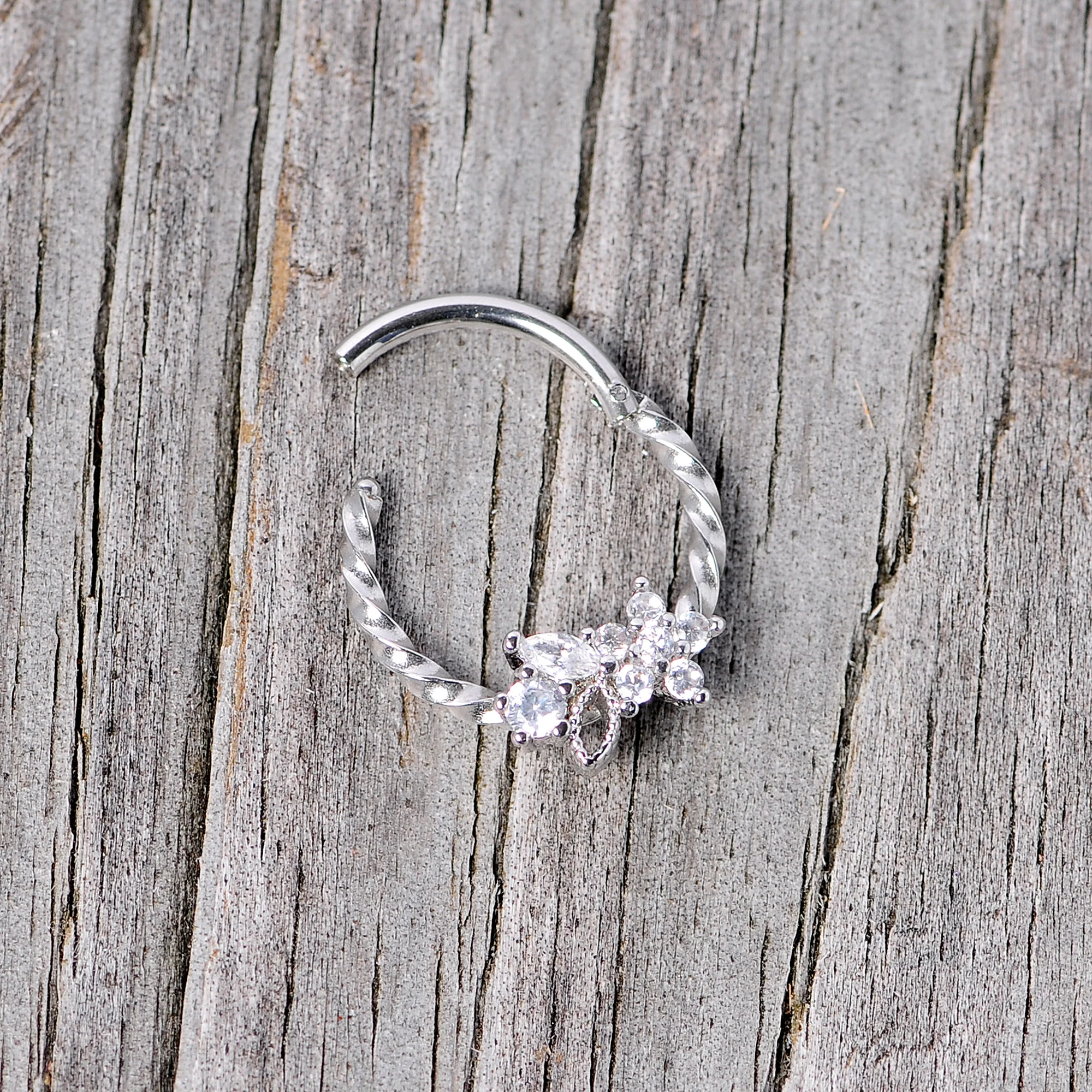 16G 3/8 Clear Gem Star Twisted Hinged Segment Ring - Image 5