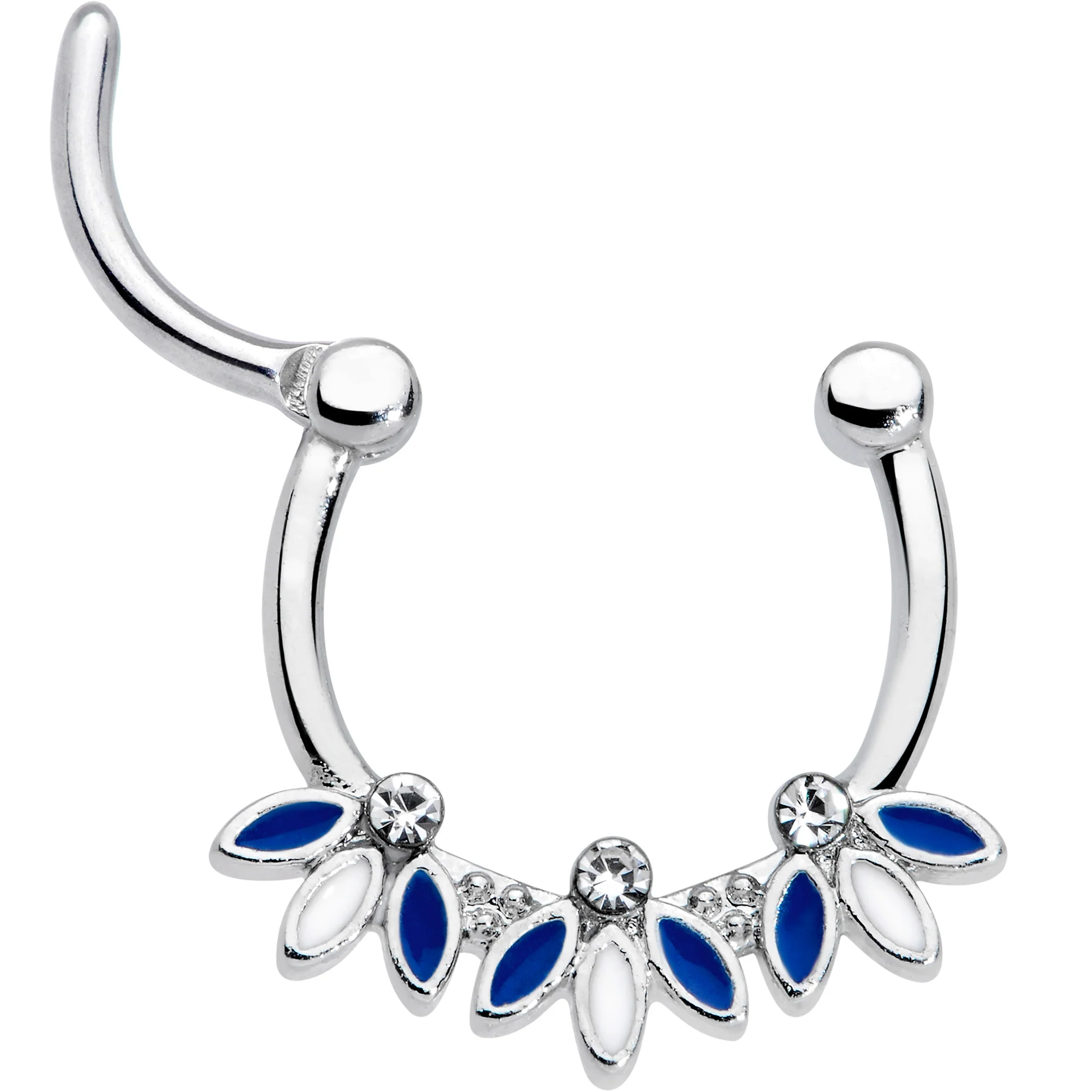 16G 3/8 Clear Gem White Blue Leaves Septum Clicker - Image 3