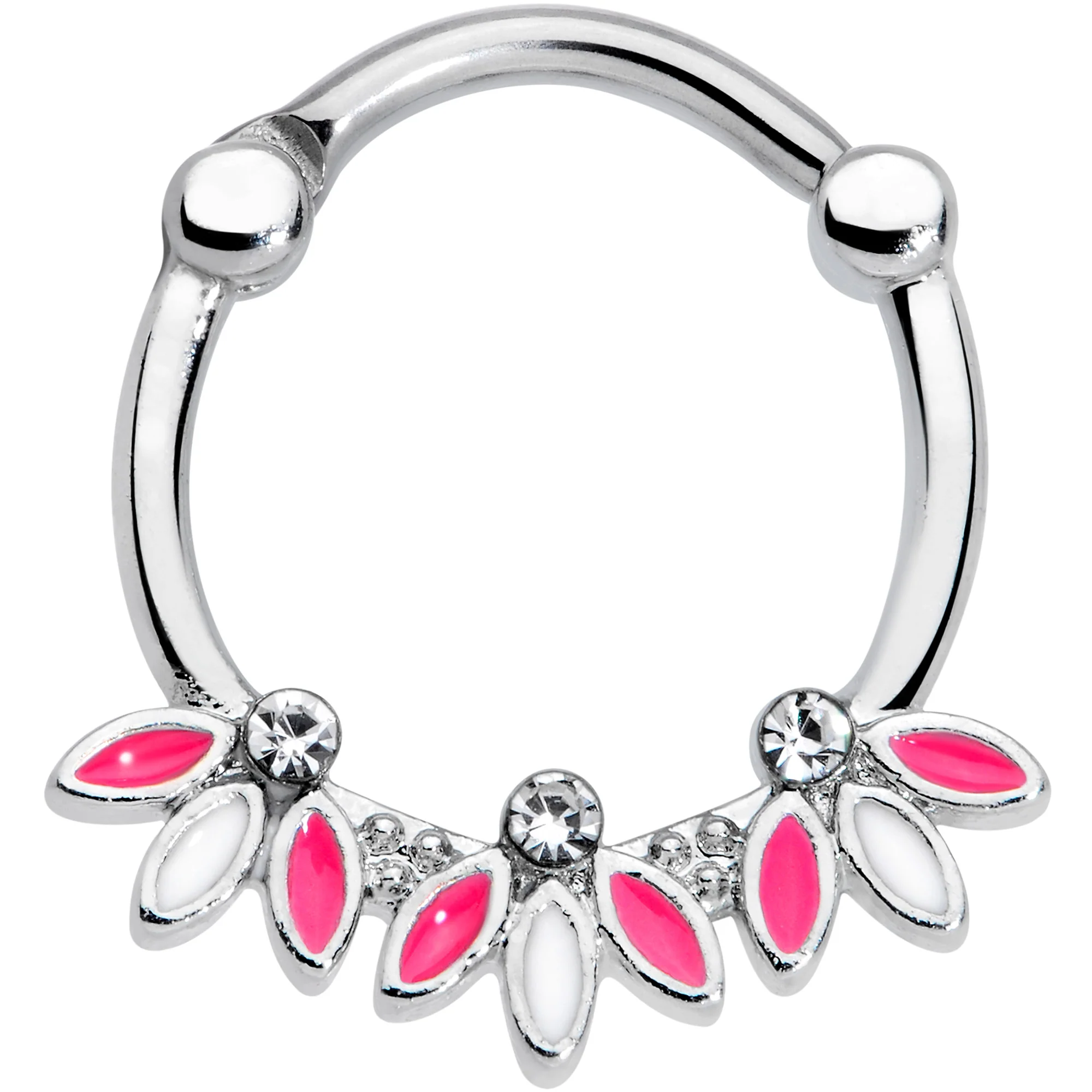 16G 3/8 Clear Gem White Pink Leaves Septum Clicker