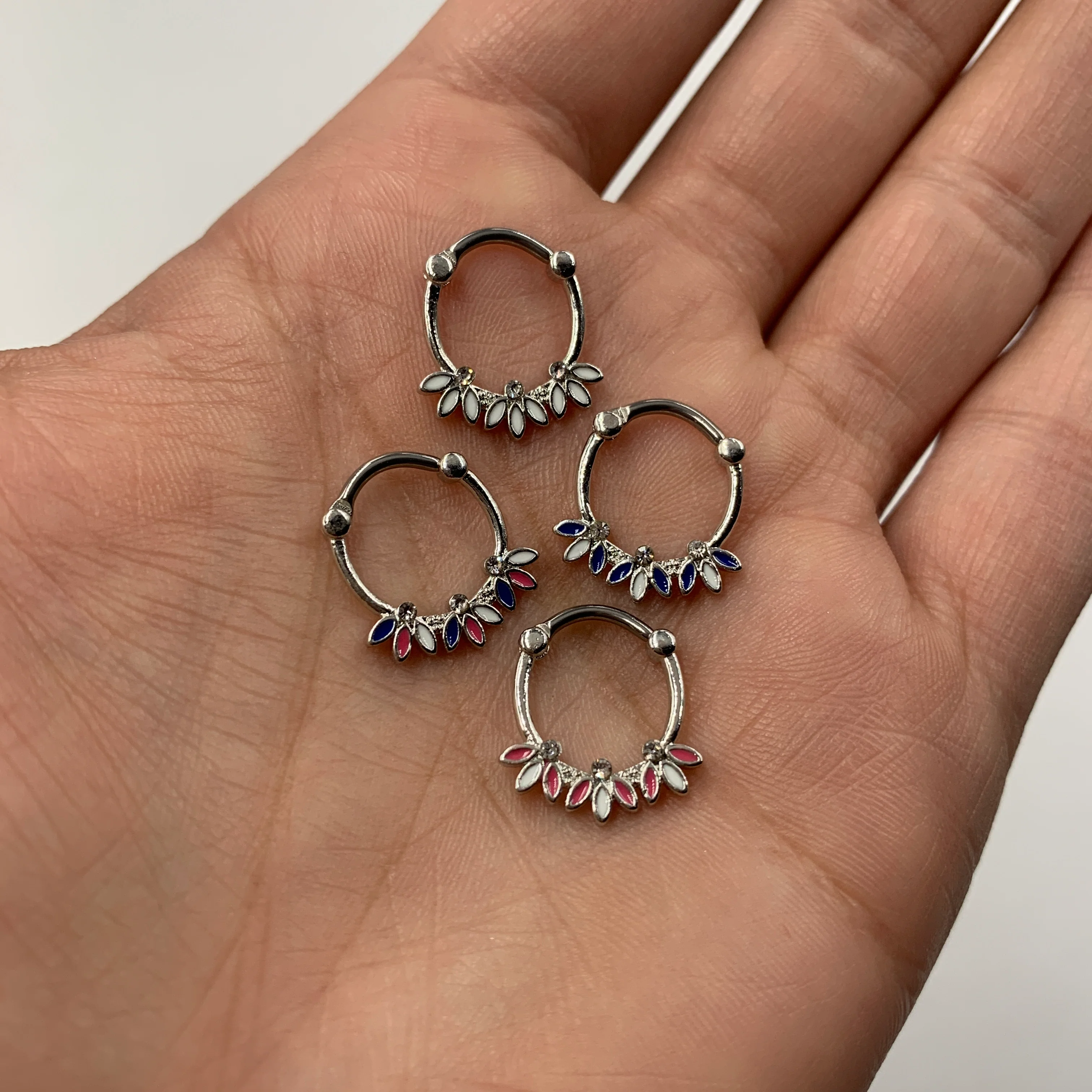 16G 3/8 Clear Gem White Pink Leaves Septum Clicker - Image 2