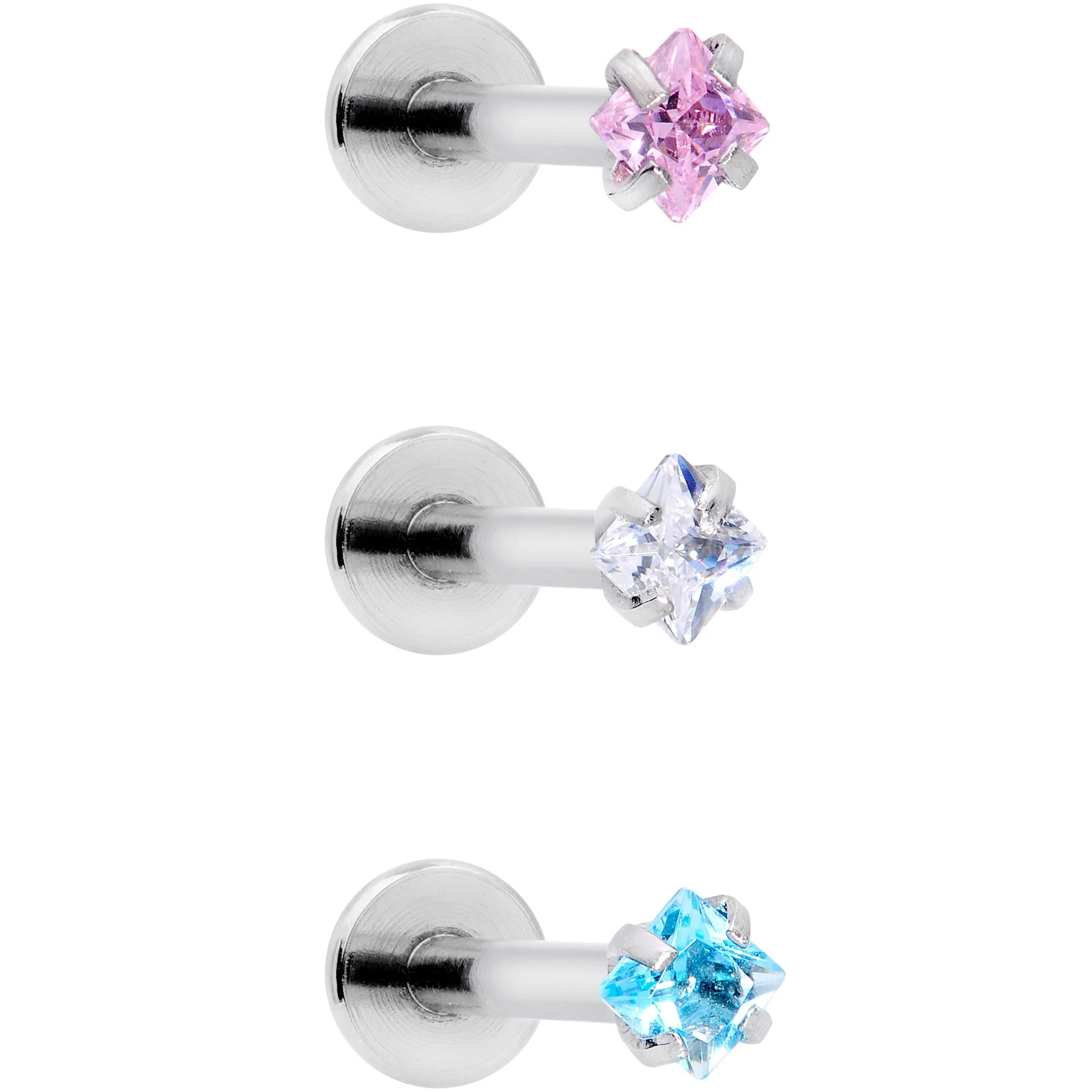 16G 3/8 Clear Pink Blue CZ Gem Labret Tragus Set of 3 - Image 2