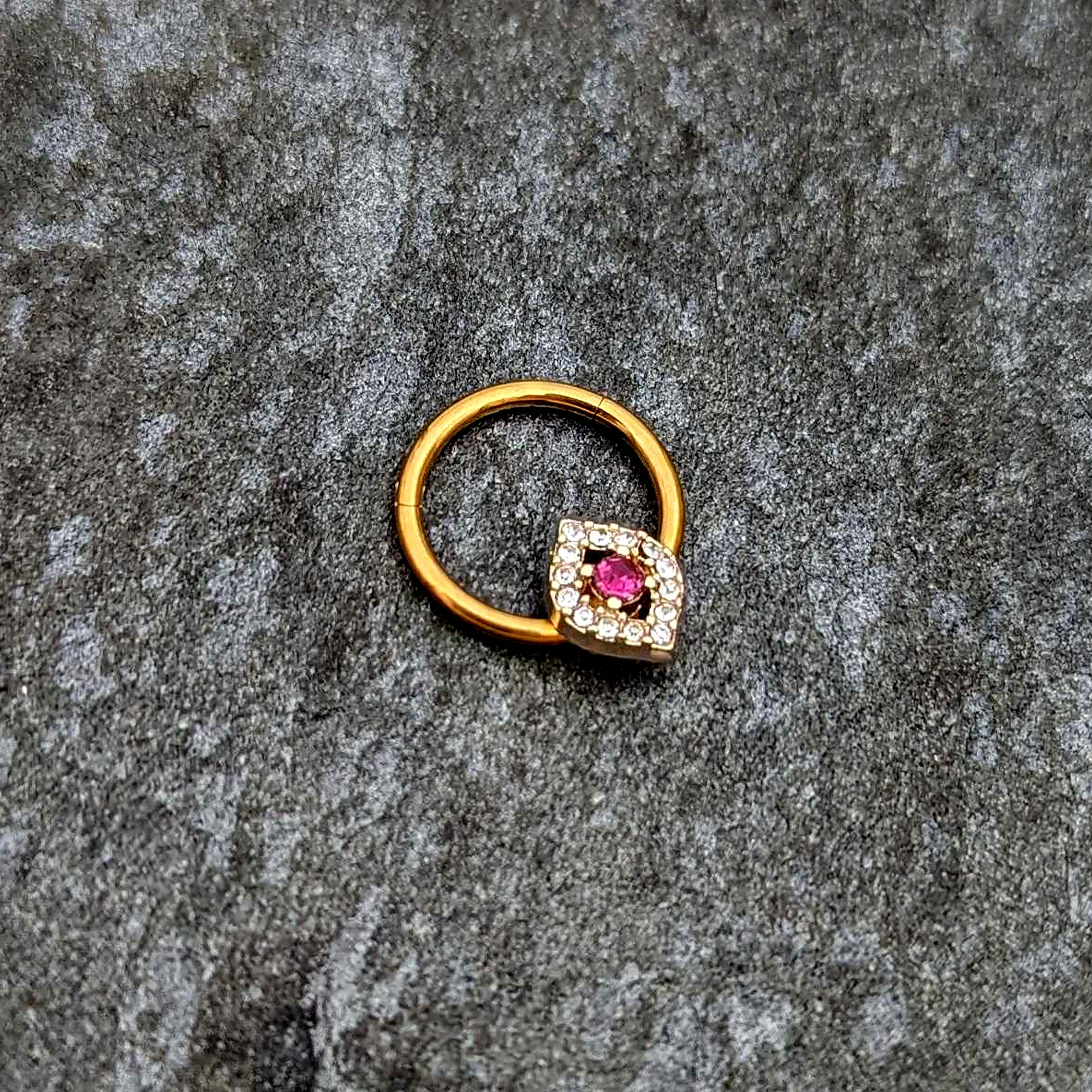 16G 3/8 Clear Pink Gem Gold Tone Open Eye Hinged Segment Ring - Image 4