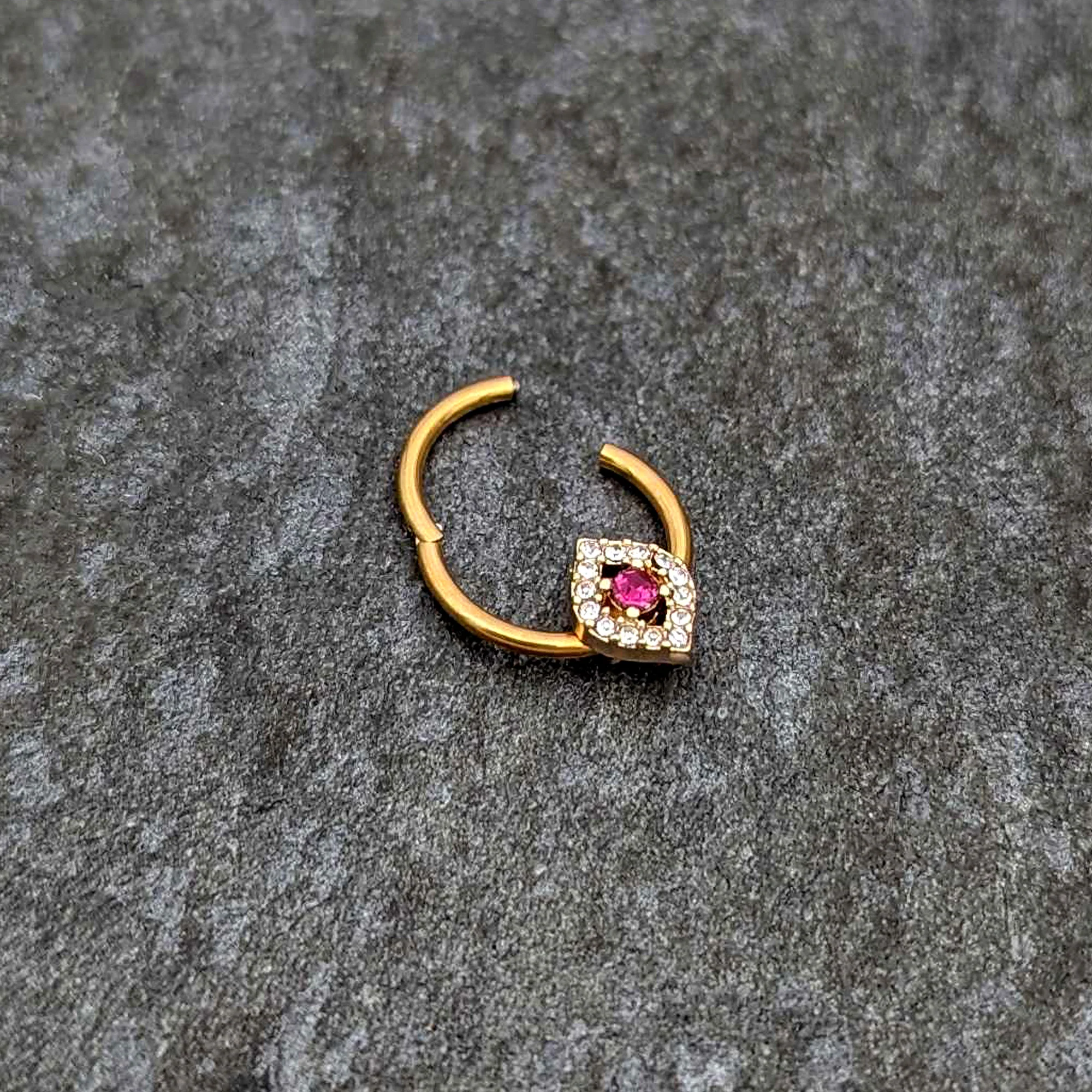 16G 3/8 Clear Pink Gem Gold Tone Open Eye Hinged Segment Ring - Image 5