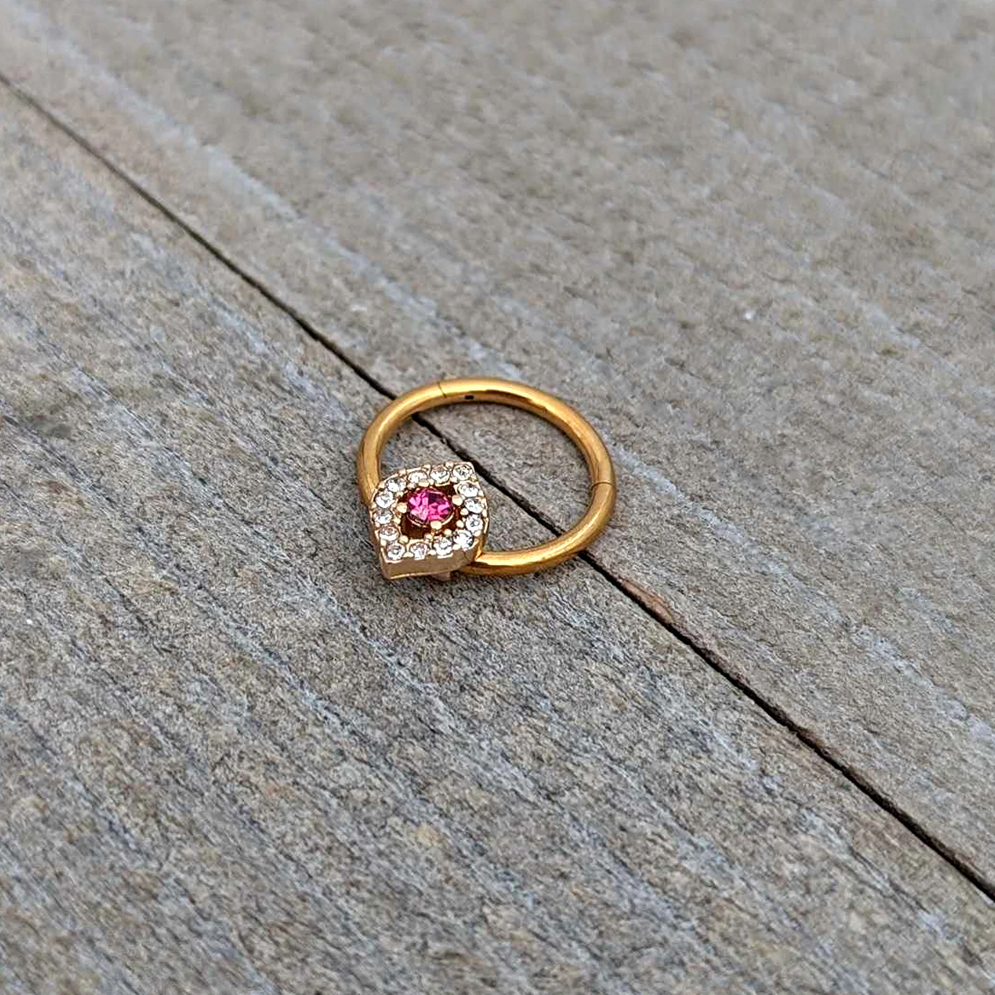 16G 3/8 Clear Pink Gem Gold Tone Open Eye Hinged Segment Ring - Image 6