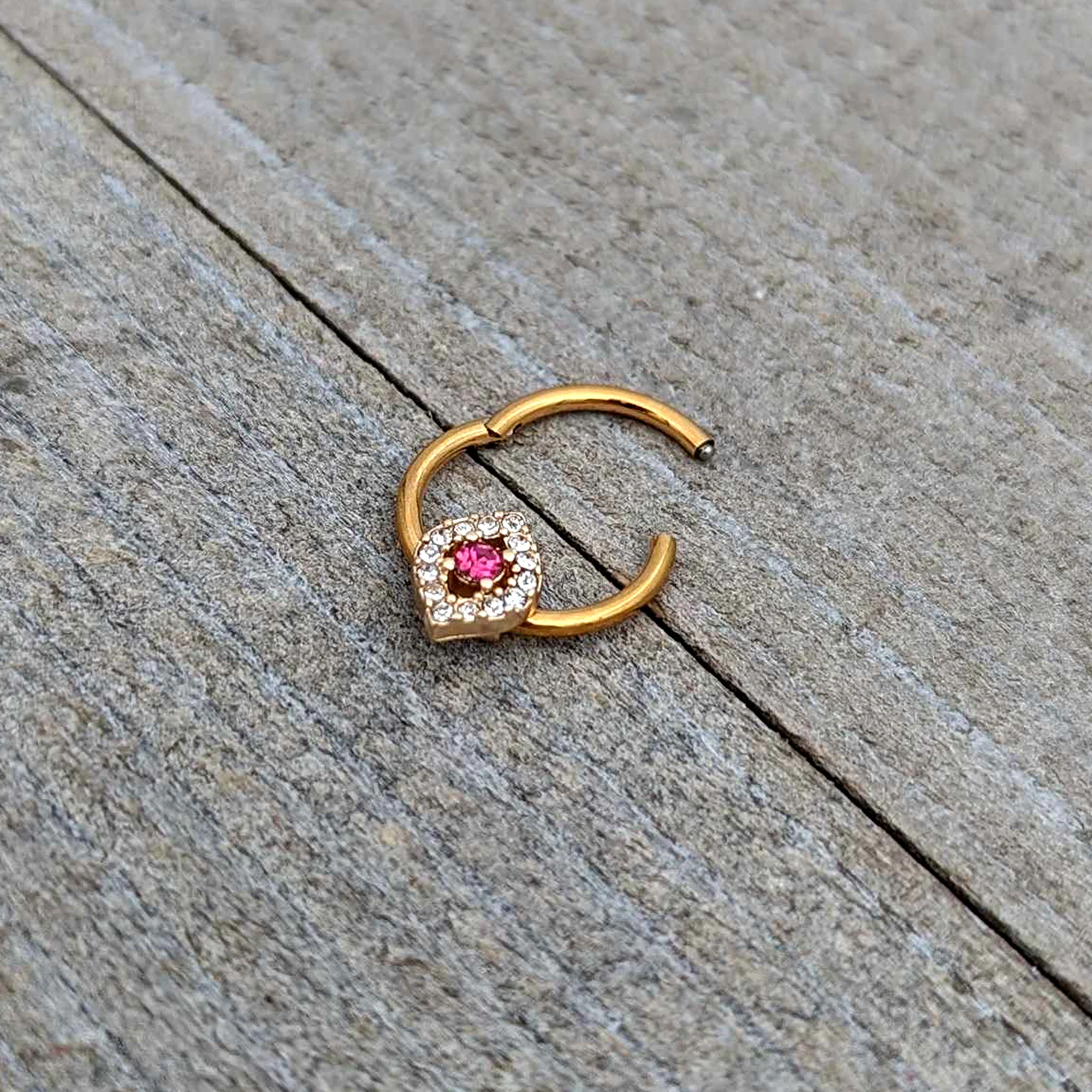 16G 3/8 Clear Pink Gem Gold Tone Open Eye Hinged Segment Ring - Image 7