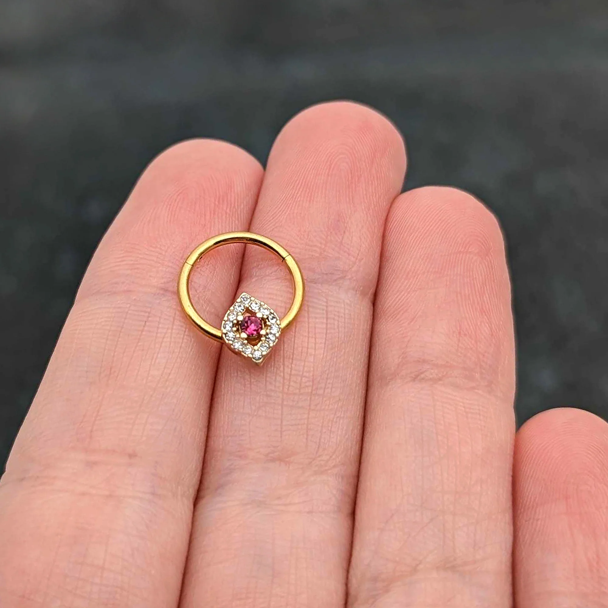 16G 3/8 Clear Pink Gem Gold Tone Open Eye Hinged Segment Ring - Image 8