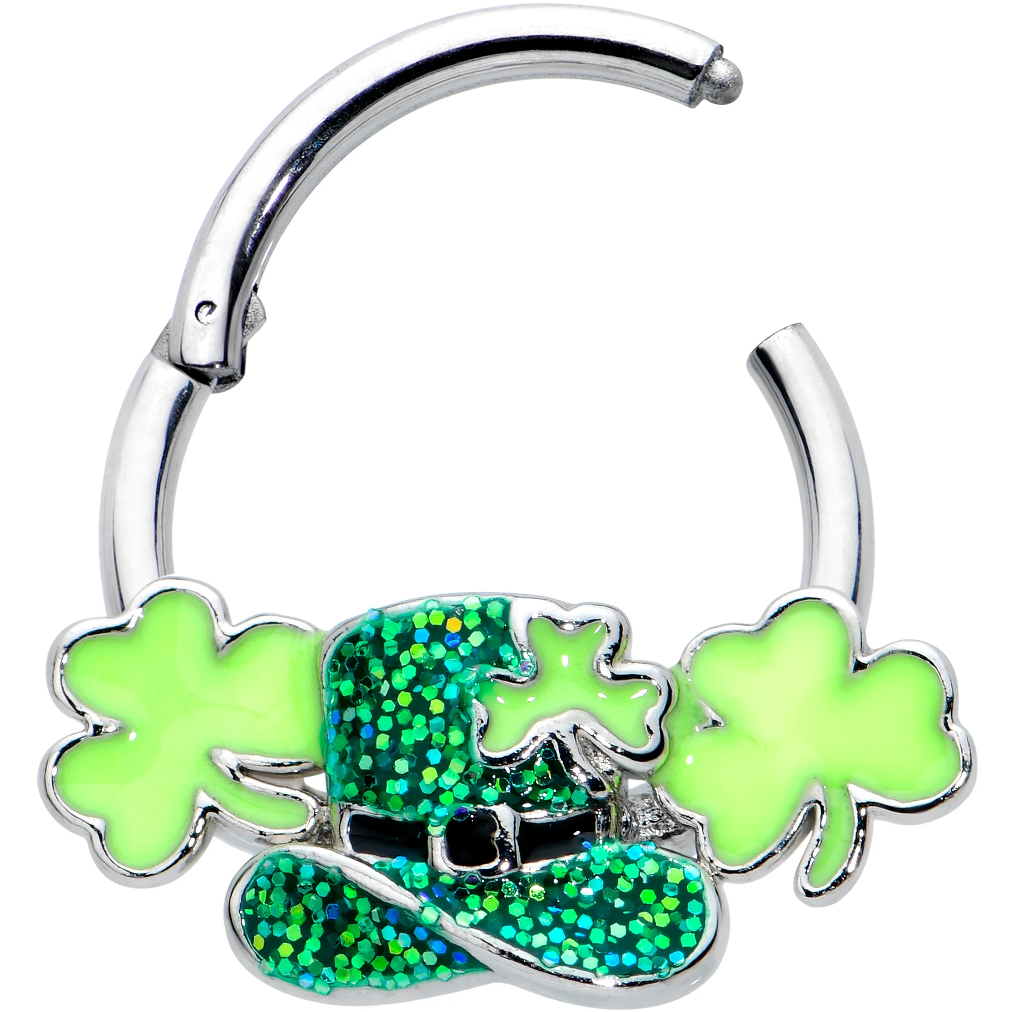 16G 3/8 Glitter Top Hat Shamrocks St Patricks Hinged Segment Ring - Image 2