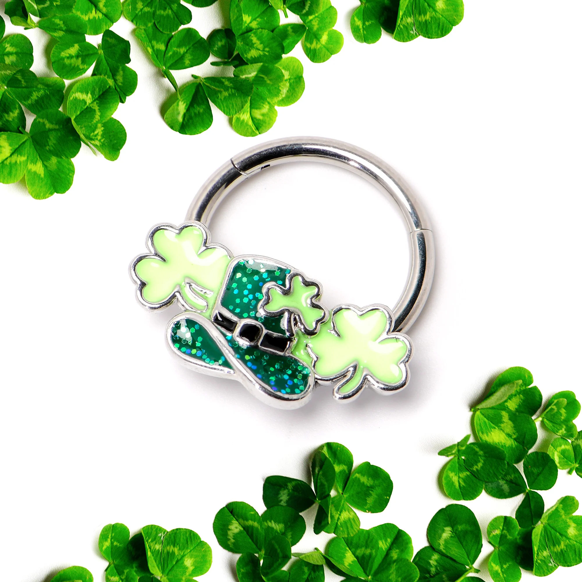 16G 3/8 Glitter Top Hat Shamrocks St Patricks Hinged Segment Ring - Image 4