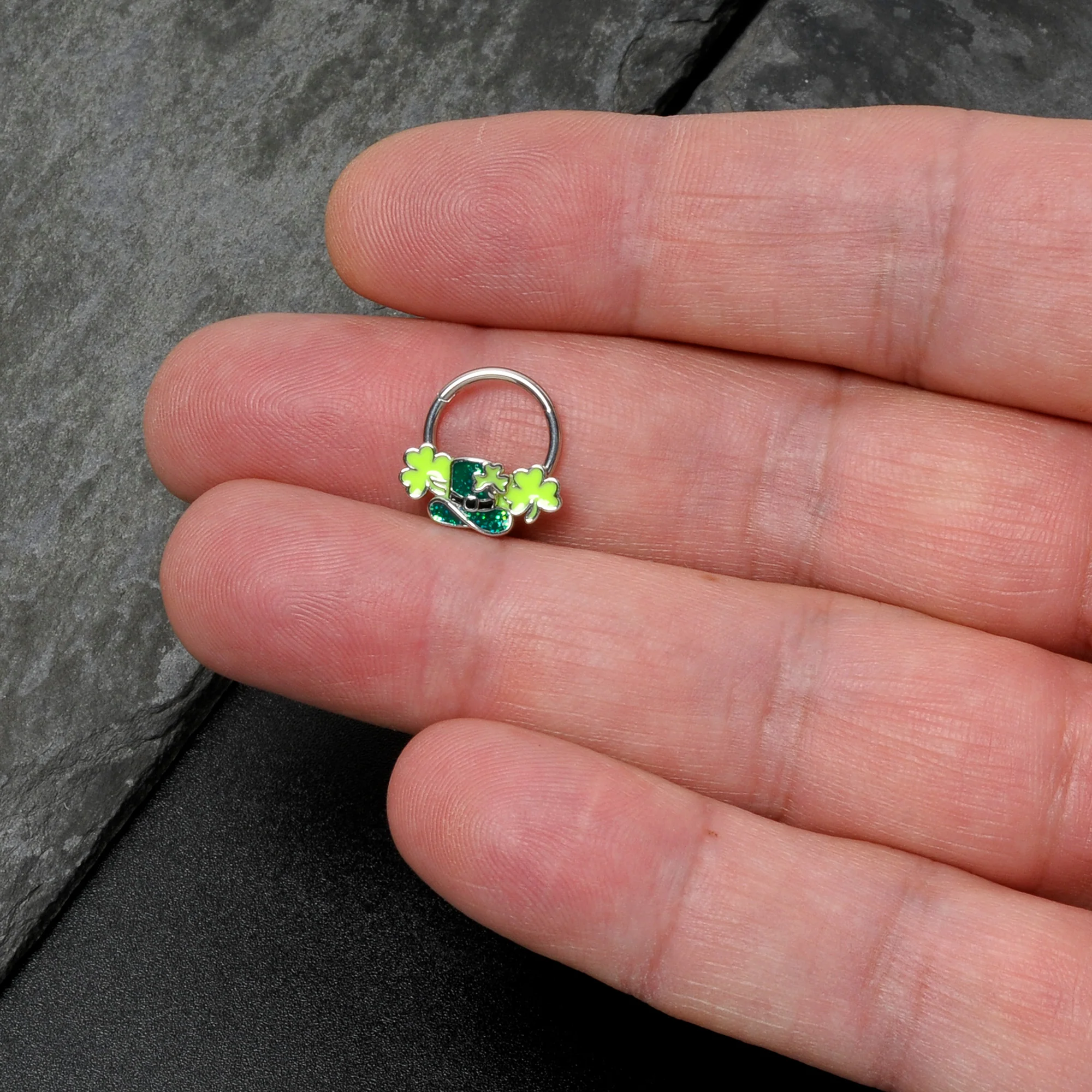 16G 3/8 Glitter Top Hat Shamrocks St Patricks Hinged Segment Ring - Image 8