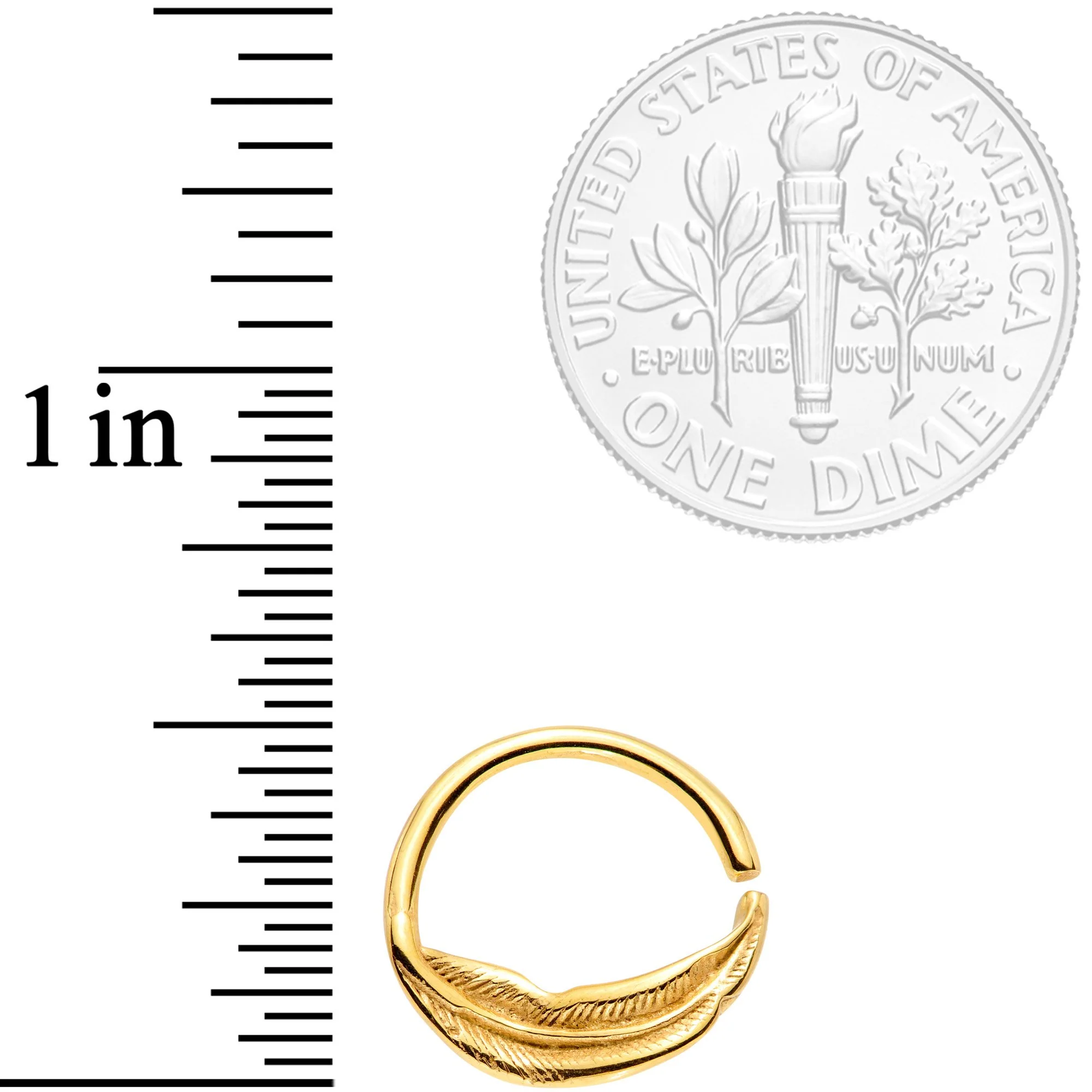 16G 3/8 Gold Tone Feather Closure Ring - Image 2