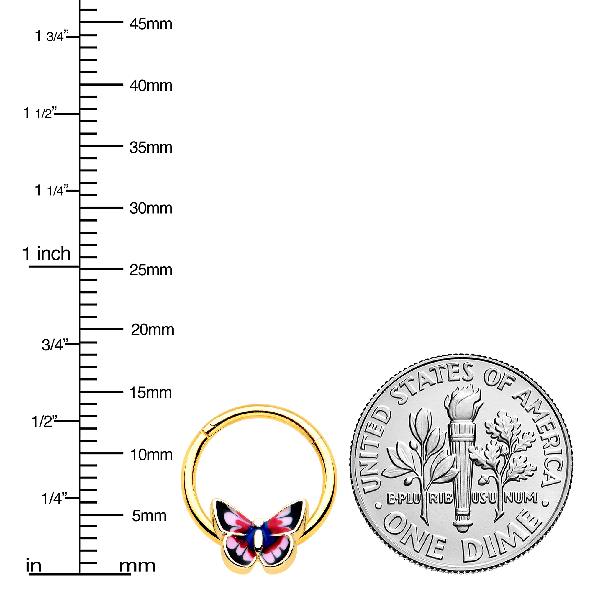 16G 3/8 Gold Tone Red Pink Blue Butterfly Hinged Segment Ring - Image 3