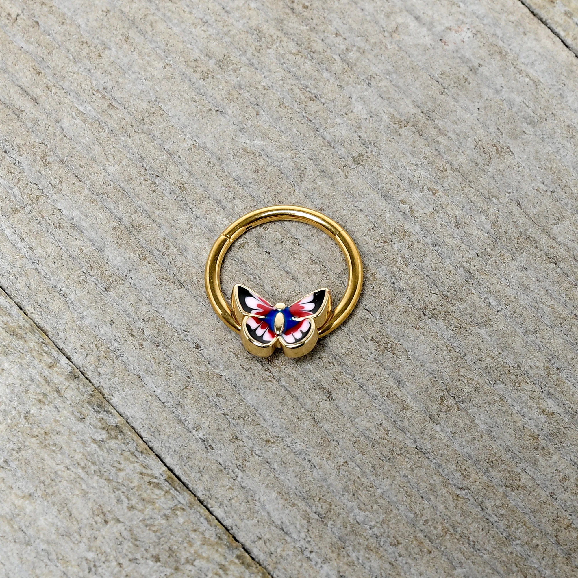 16G 3/8 Gold Tone Red Pink Blue Butterfly Hinged Segment Ring - Image 4
