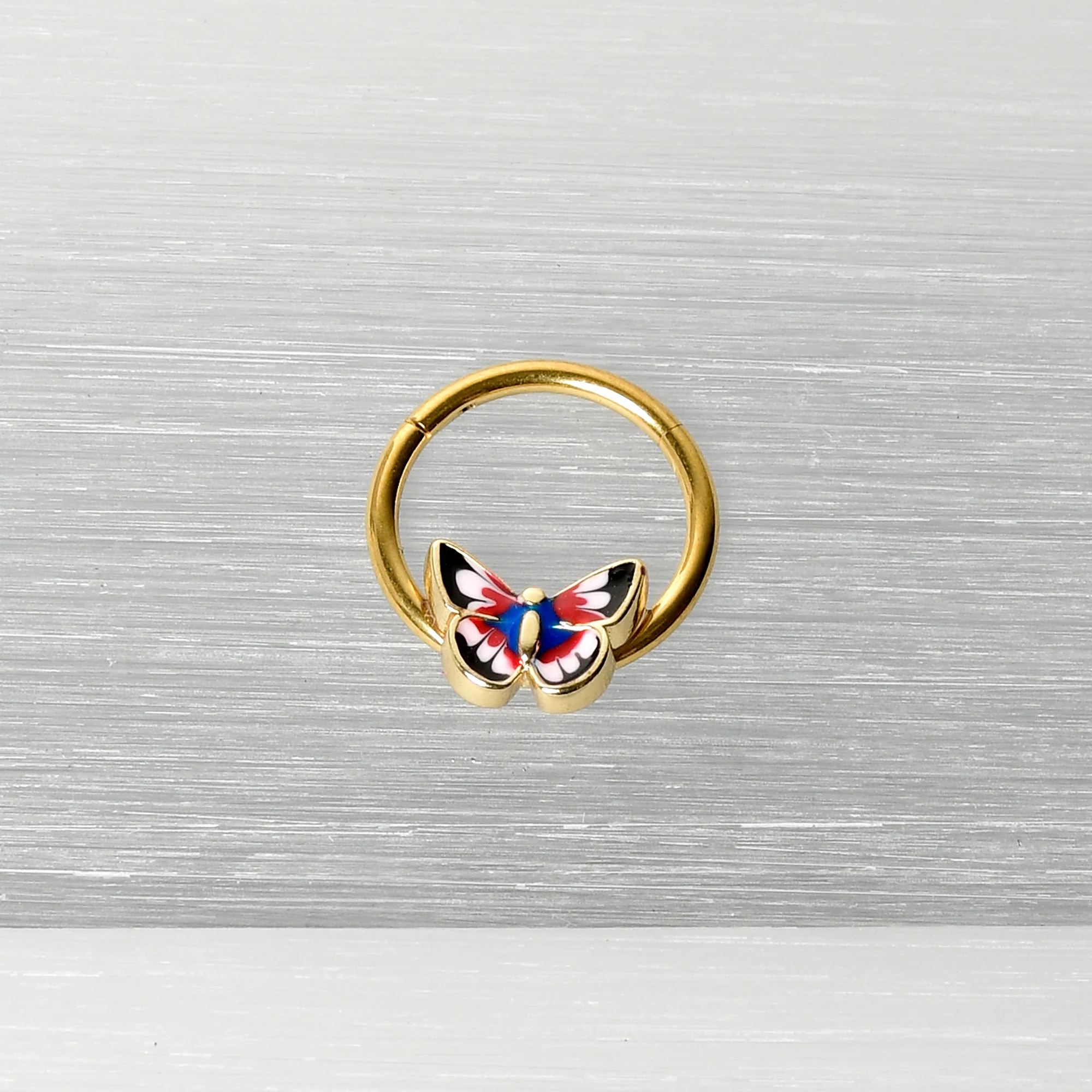 16G 3/8 Gold Tone Red Pink Blue Butterfly Hinged Segment Ring - Image 5