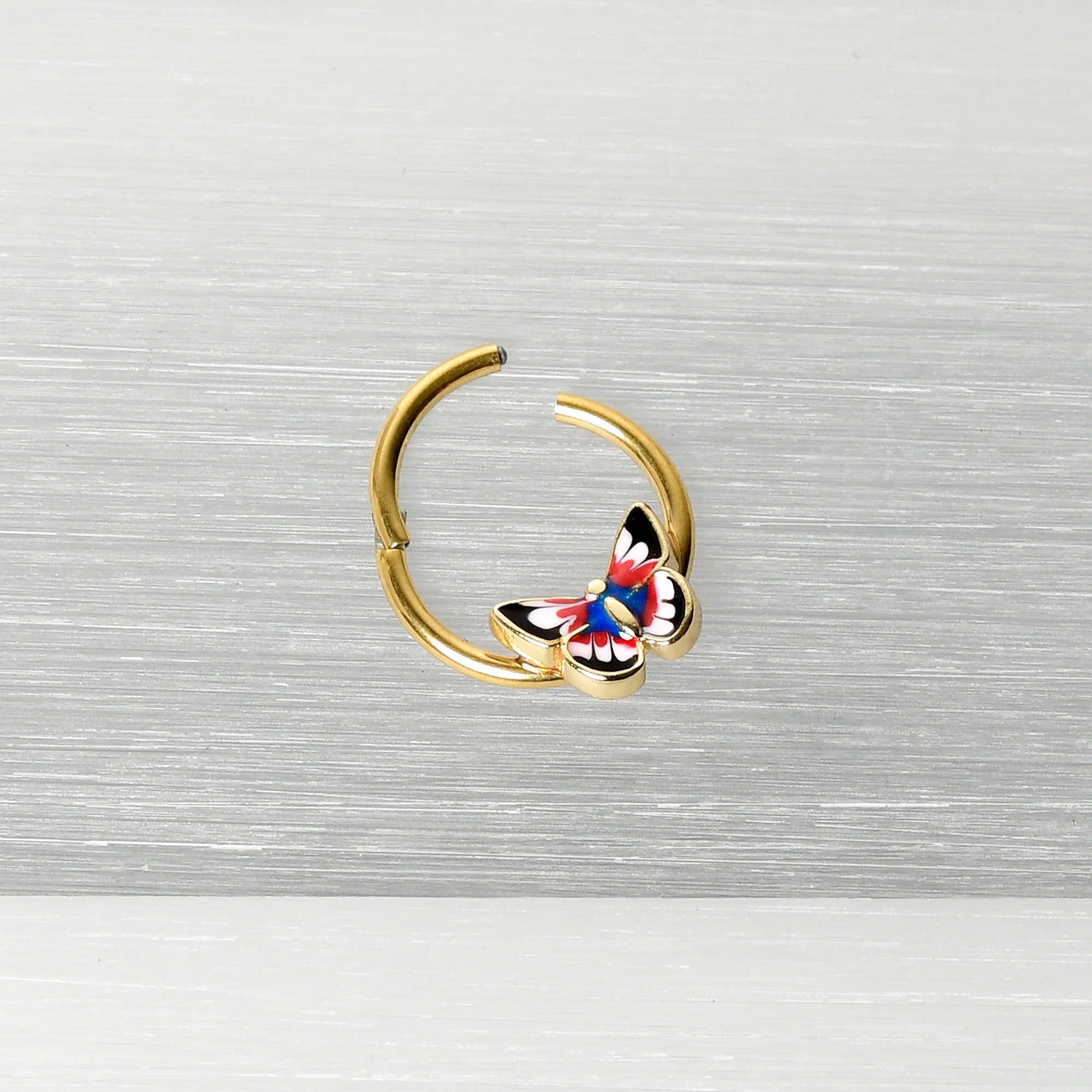 16G 3/8 Gold Tone Red Pink Blue Butterfly Hinged Segment Ring - Image 6