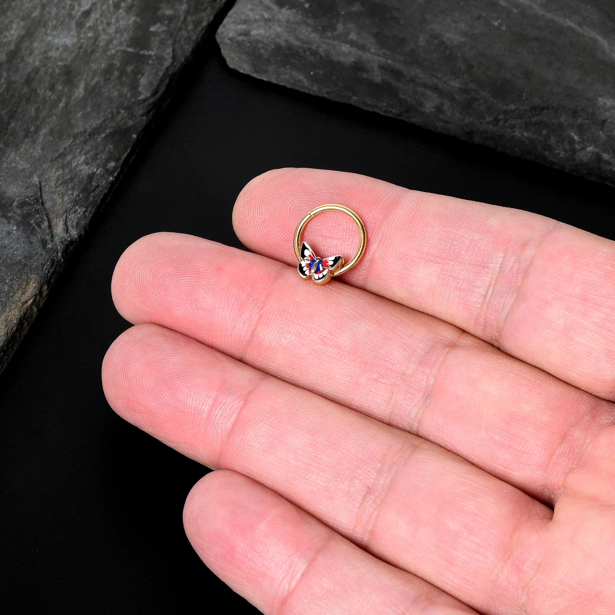 16G 3/8 Gold Tone Red Pink Blue Butterfly Hinged Segment Ring - Image 7