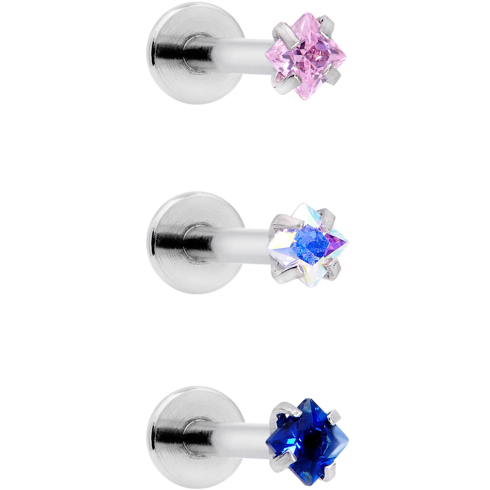 16G 3/8 Pink Aurora Blue CZ Gem Labret Tragus Set of 3 - Image 2