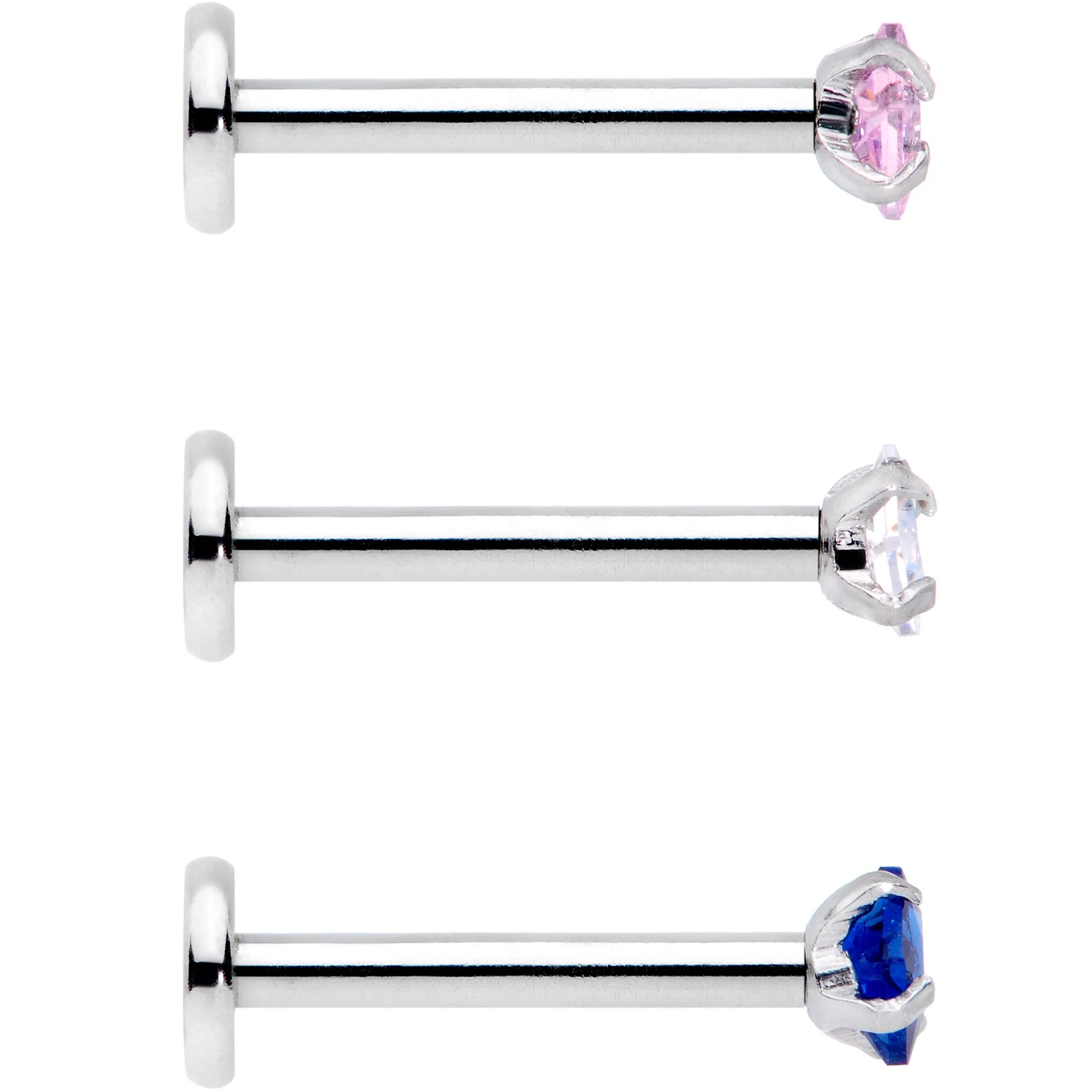 16G 3/8 Pink Aurora Blue CZ Gem Labret Tragus Set of 3 - Image 3