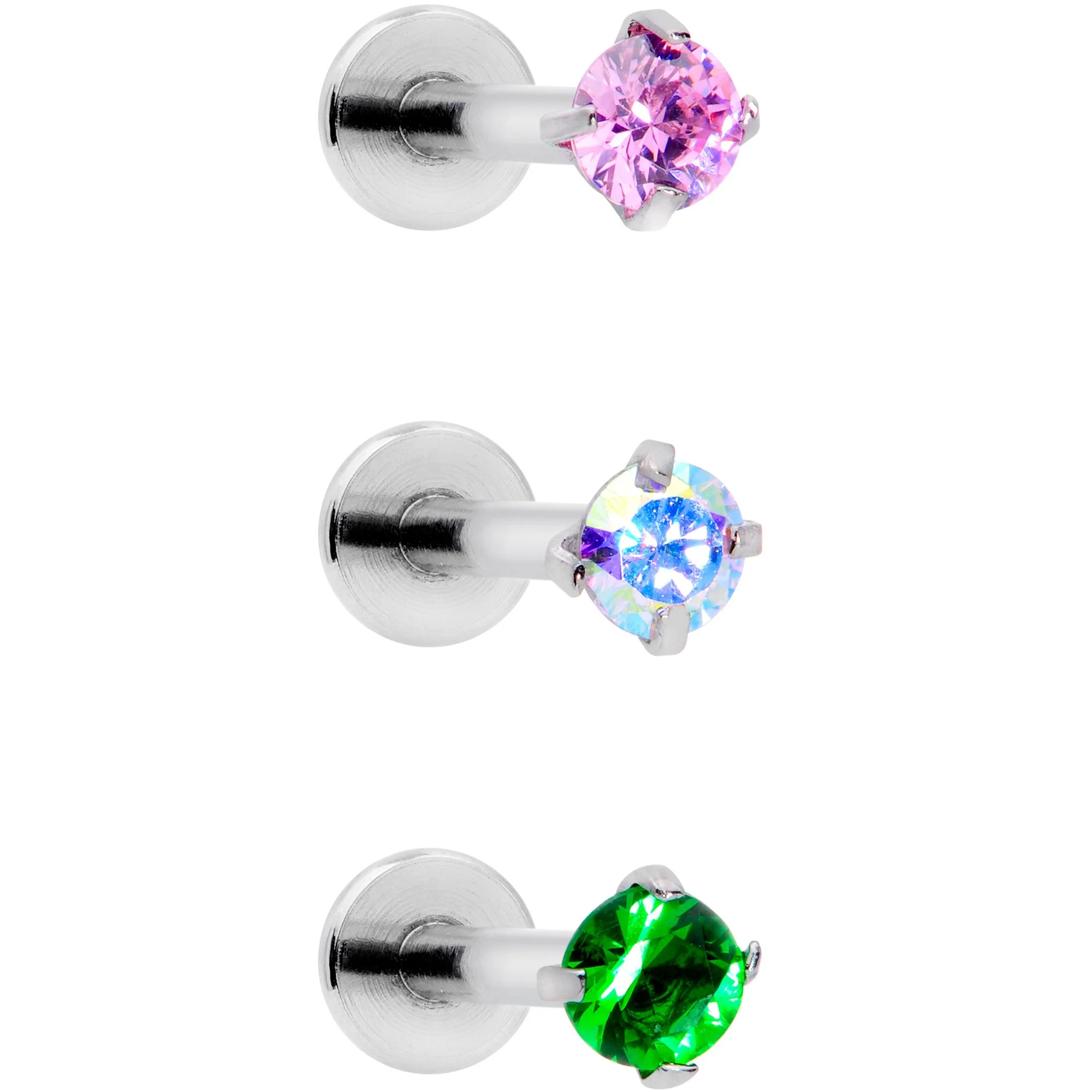 16G 3/8 Pink Aurora Green Round CZ Gem Labret Tragus Set of 3 - Image 2