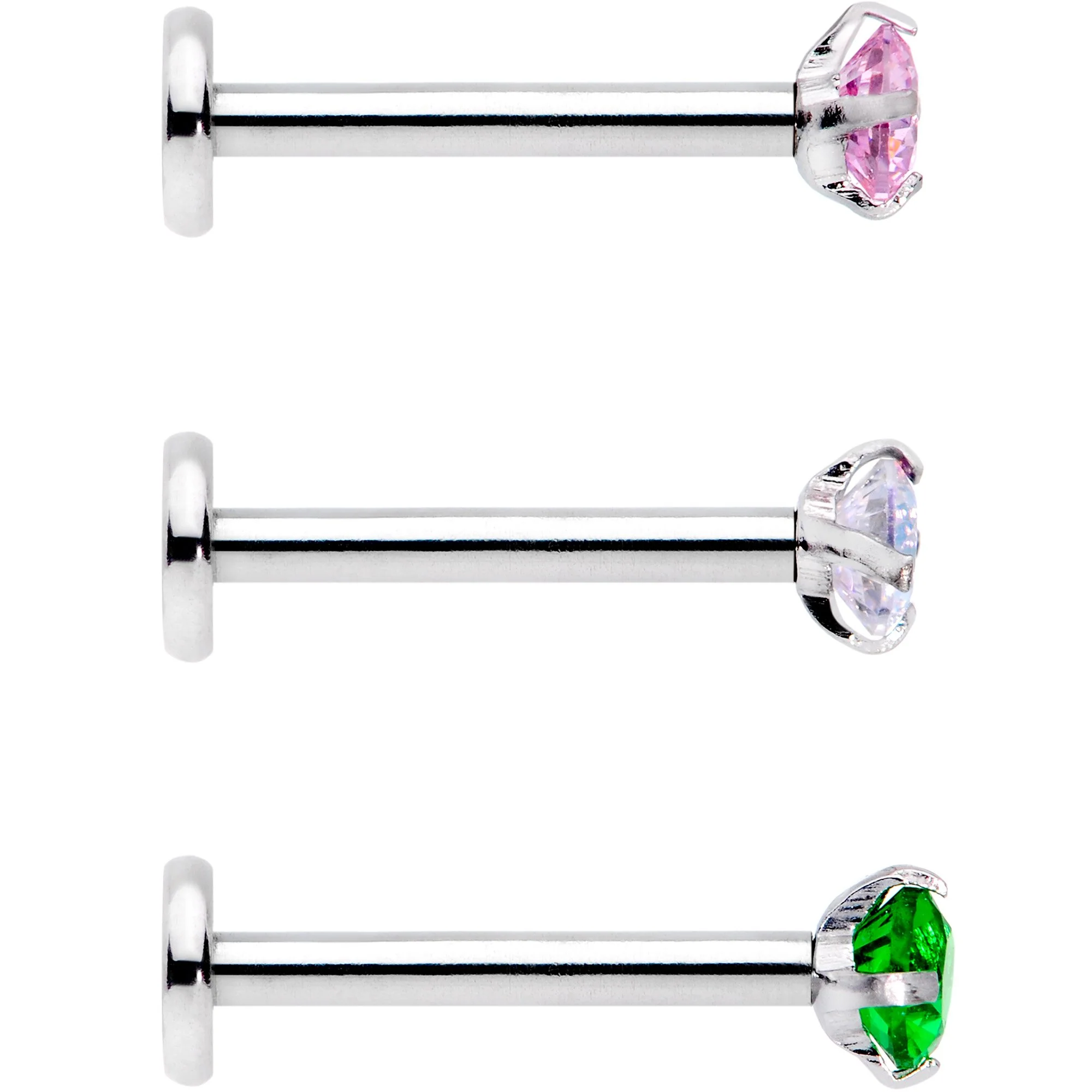 16G 3/8 Pink Aurora Green Round CZ Gem Labret Tragus Set of 3 - Image 3